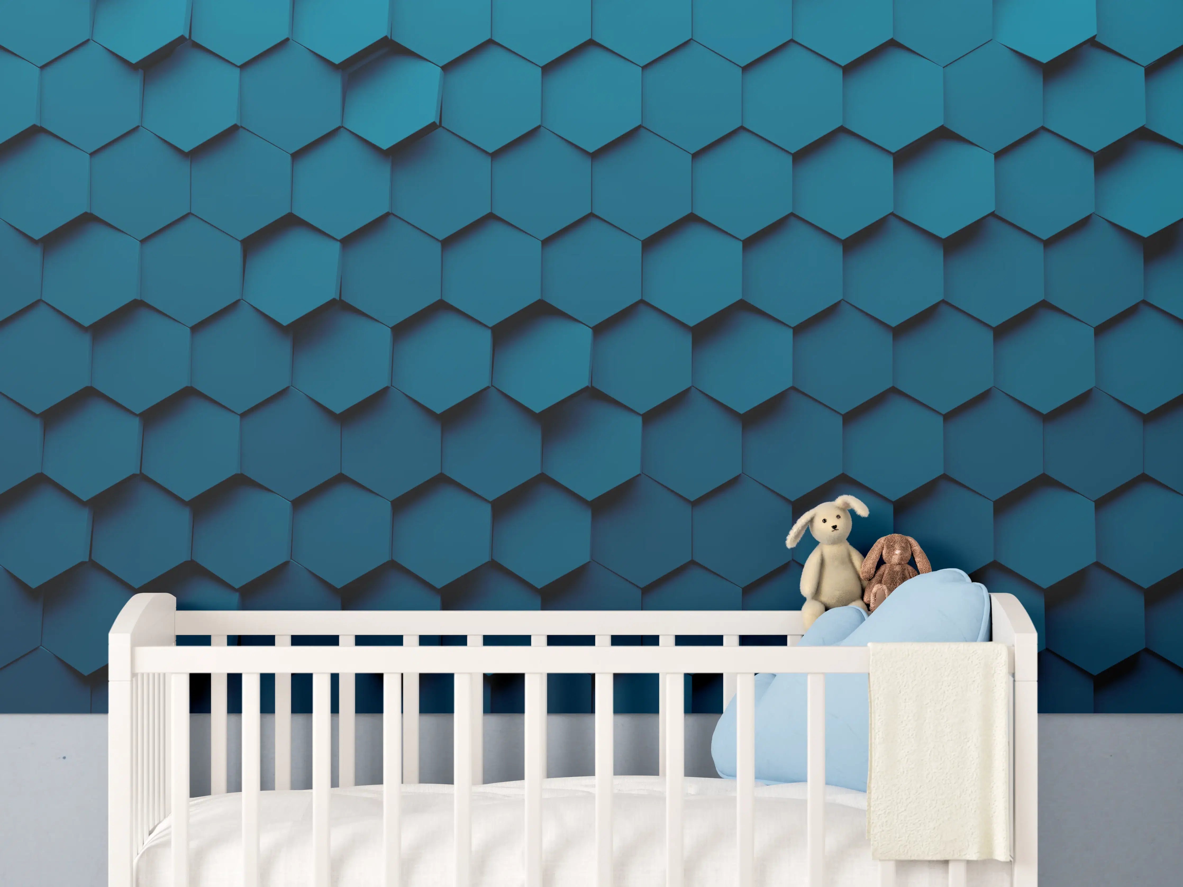Babyzimmer Wandgestaltung - Dunkle blaue 3D-Wandpaneele mit Hexagon-Motiv