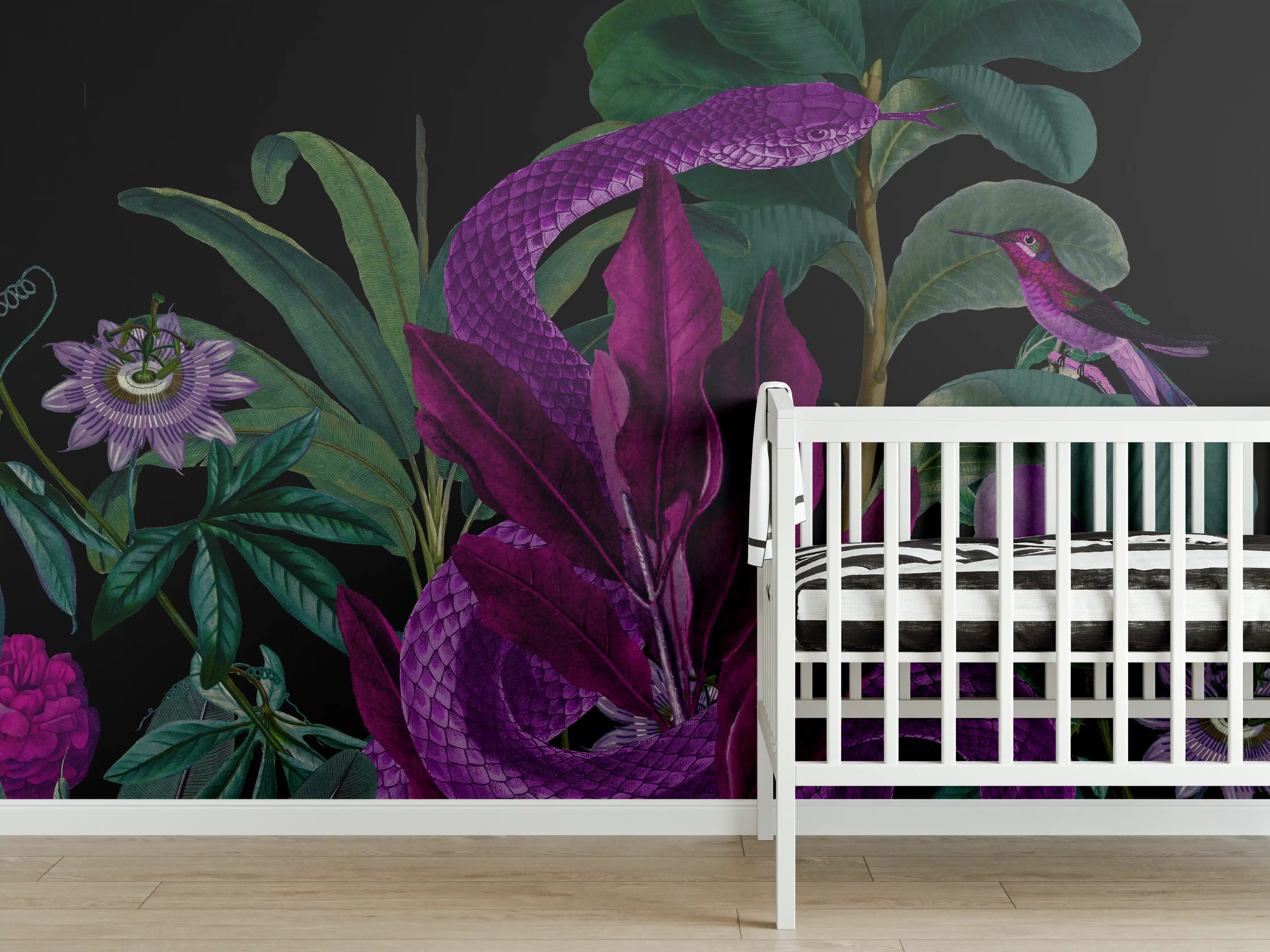 Babyzimmer Wandgestaltung - Dunkler Dschungel-Schlangen-Print