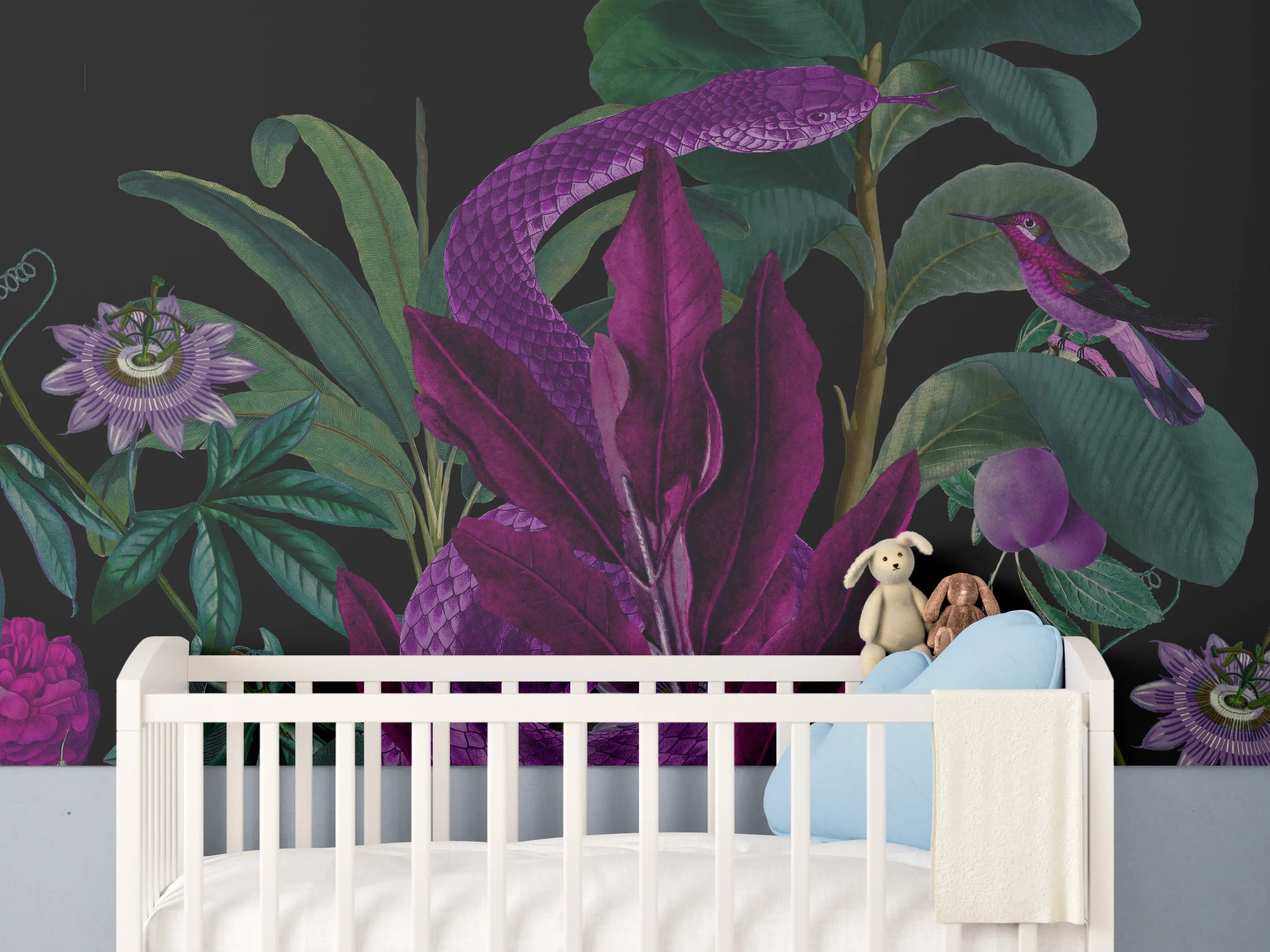 Babyzimmer Wandgestaltung - Dunkler Dschungel-Schlangen-Print