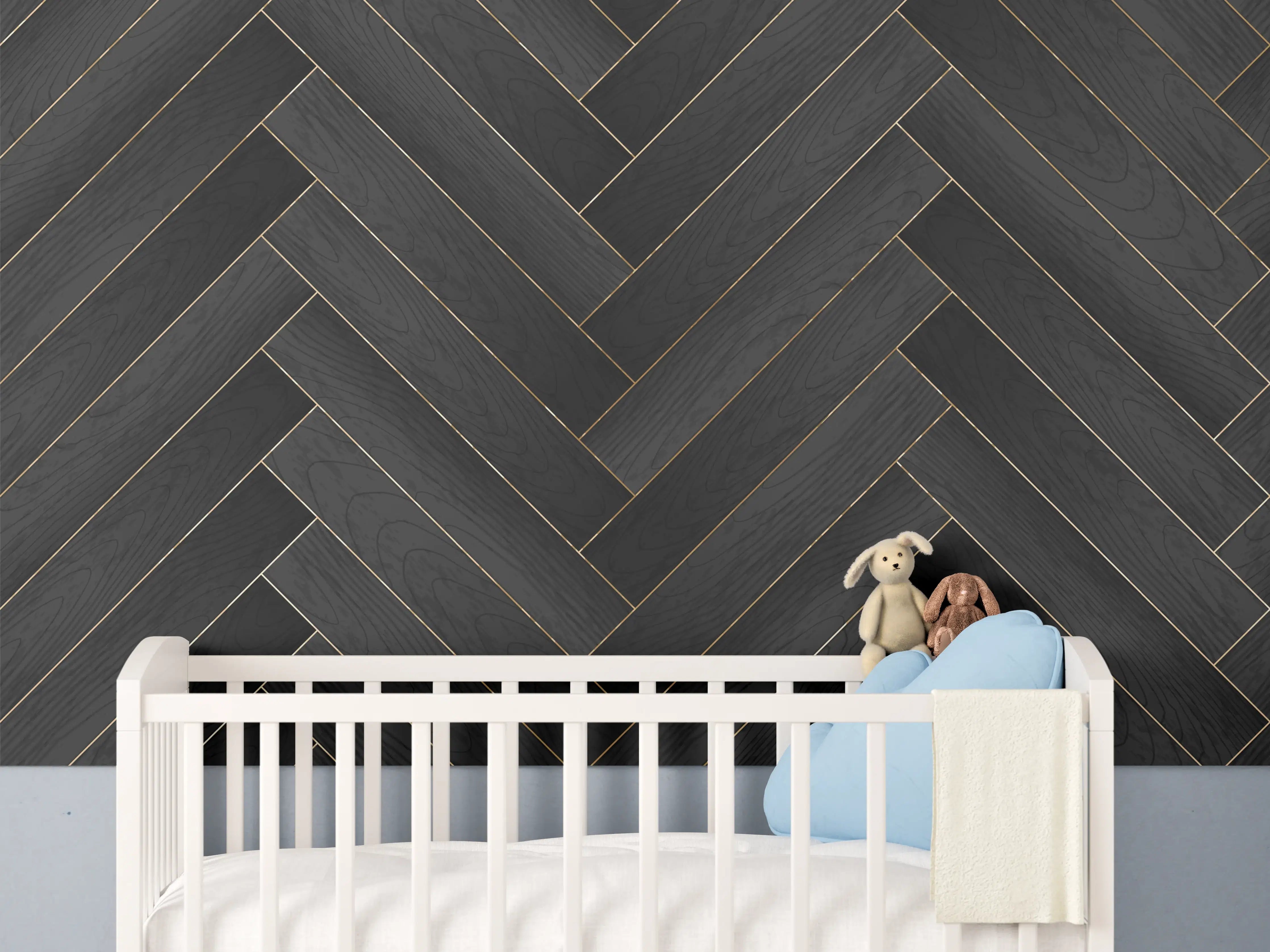 Babyzimmer Wandgestaltung - Dunkles Fischgrät Holzparkett