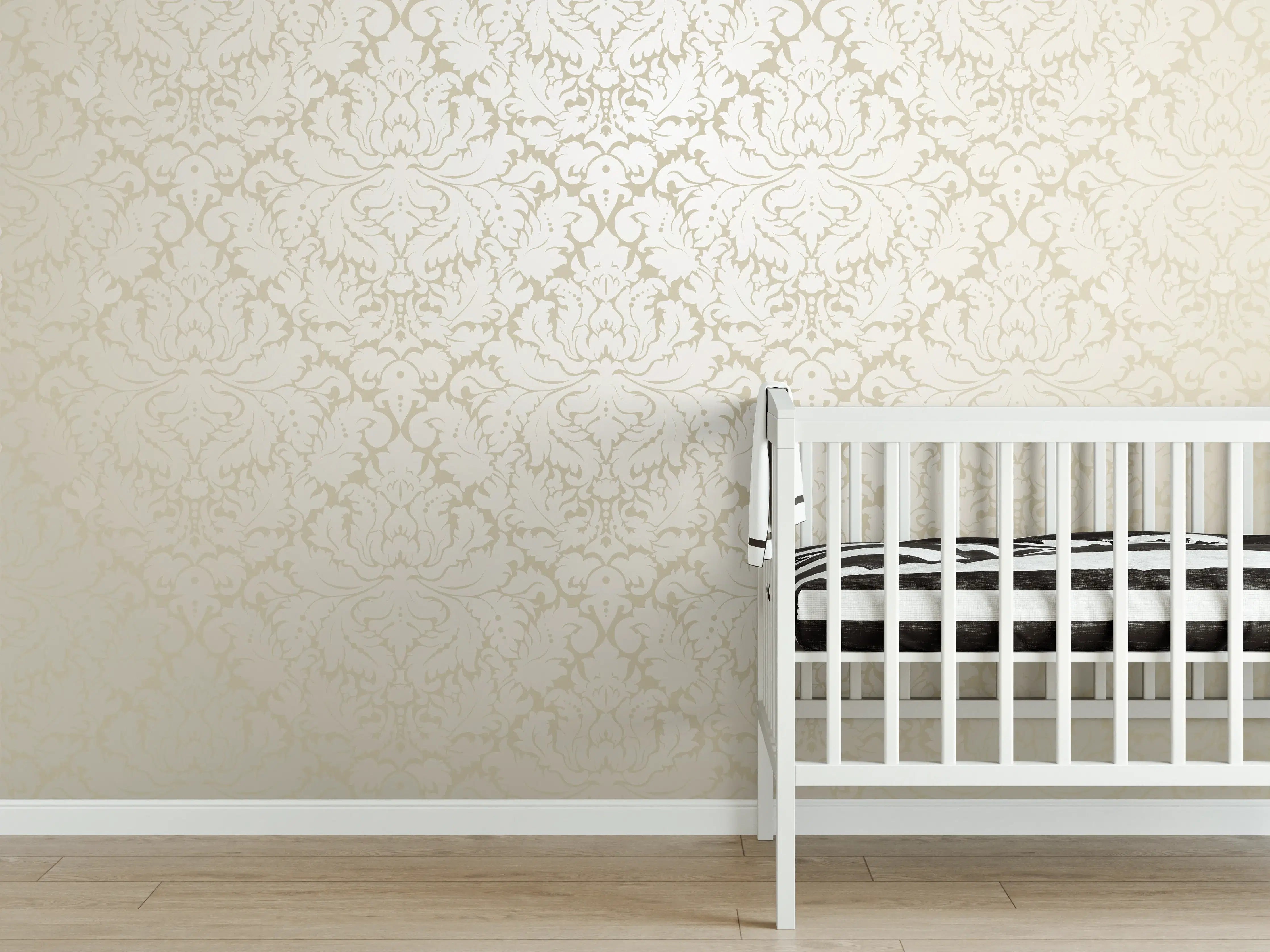 Babyzimmer Wandgestaltung - Edle Creme-Gold Damast-Tapete
