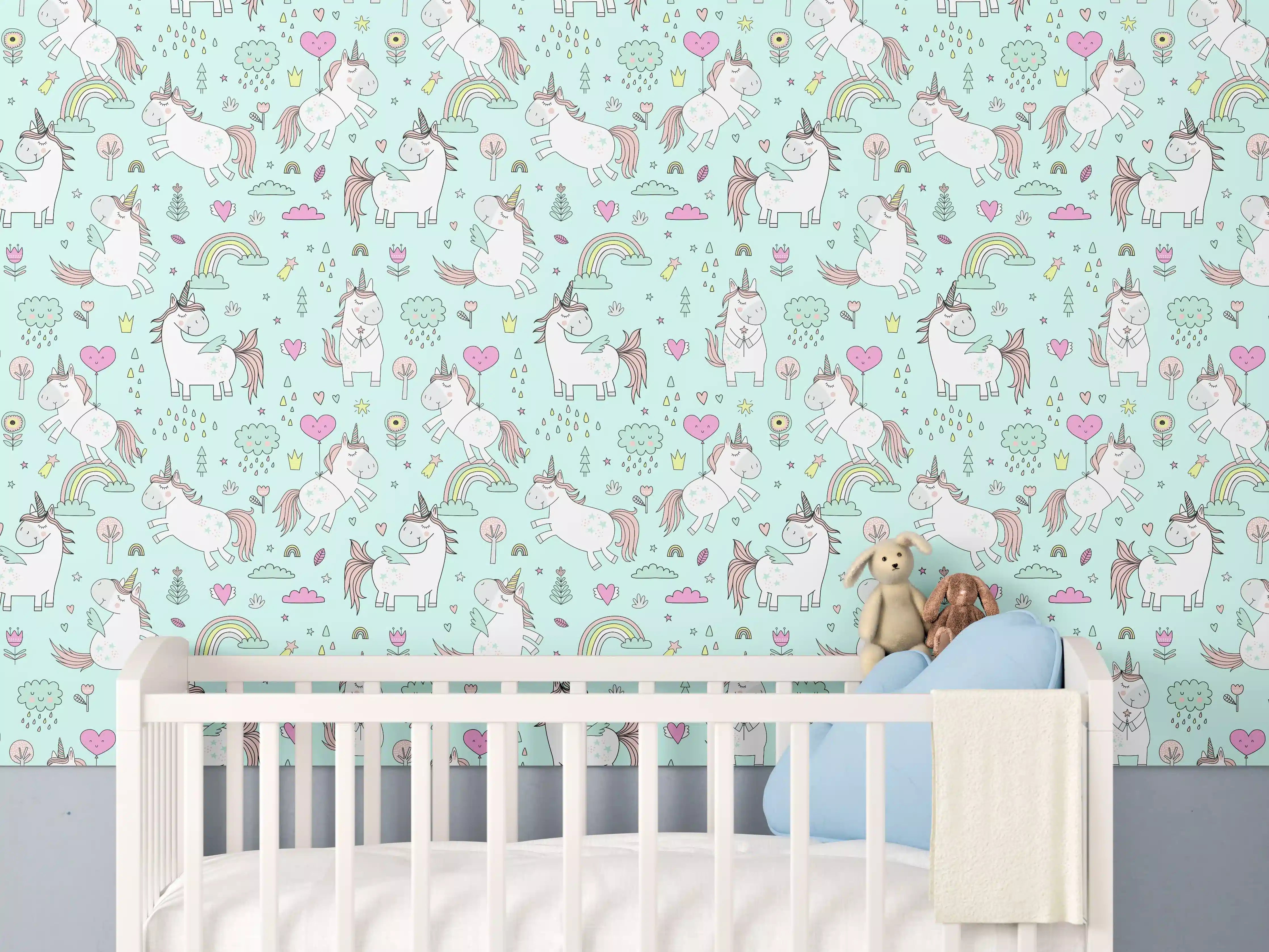 Babyzimmer Wandgestaltung - Einhörner und Regenbögen in Pastellfarben