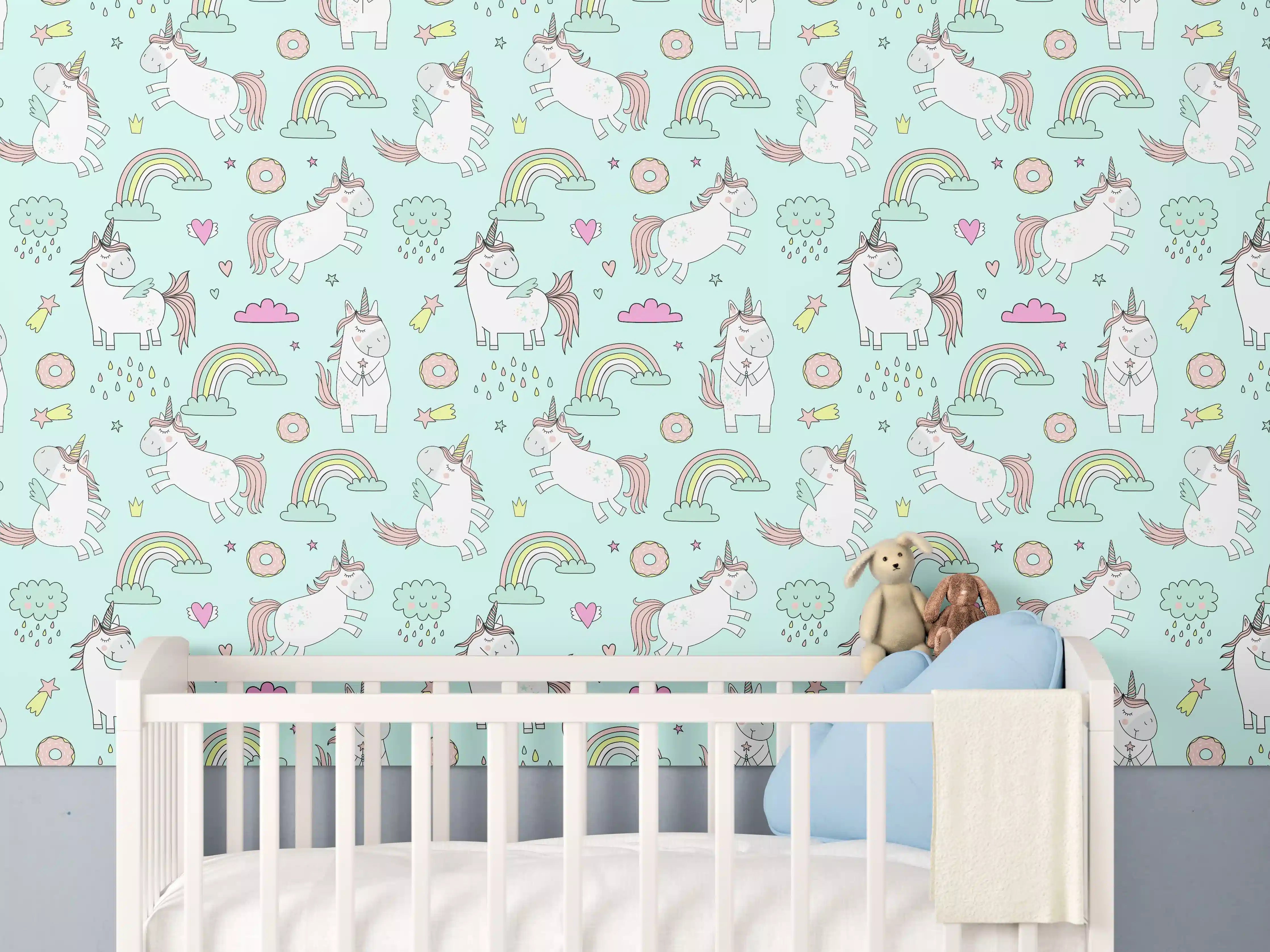 Babyzimmer Wandgestaltung - Einhorn-Muster in Hellblau
