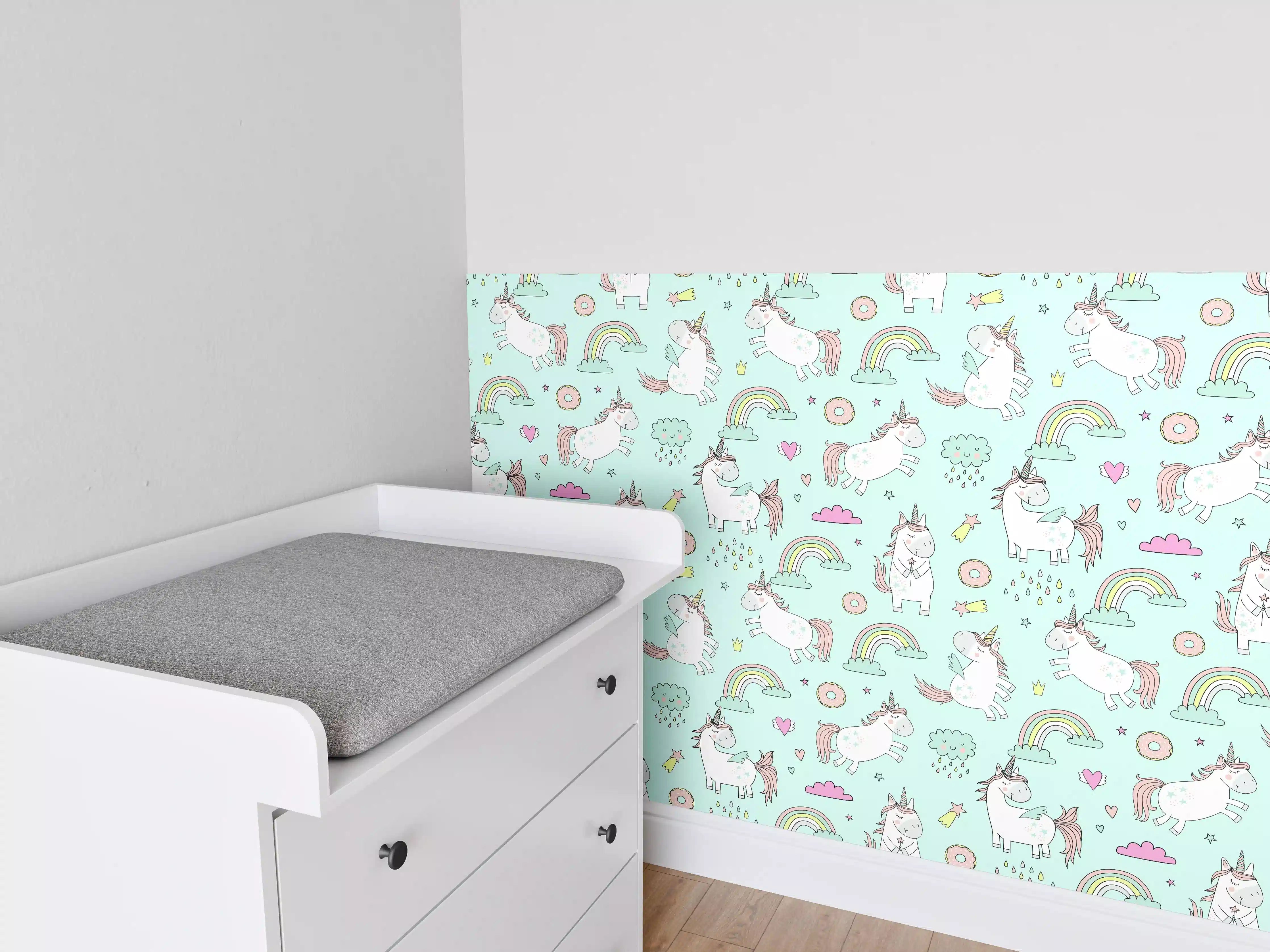 Babyzimmer Wandgestaltung - Einhorn-Muster in Hellblau