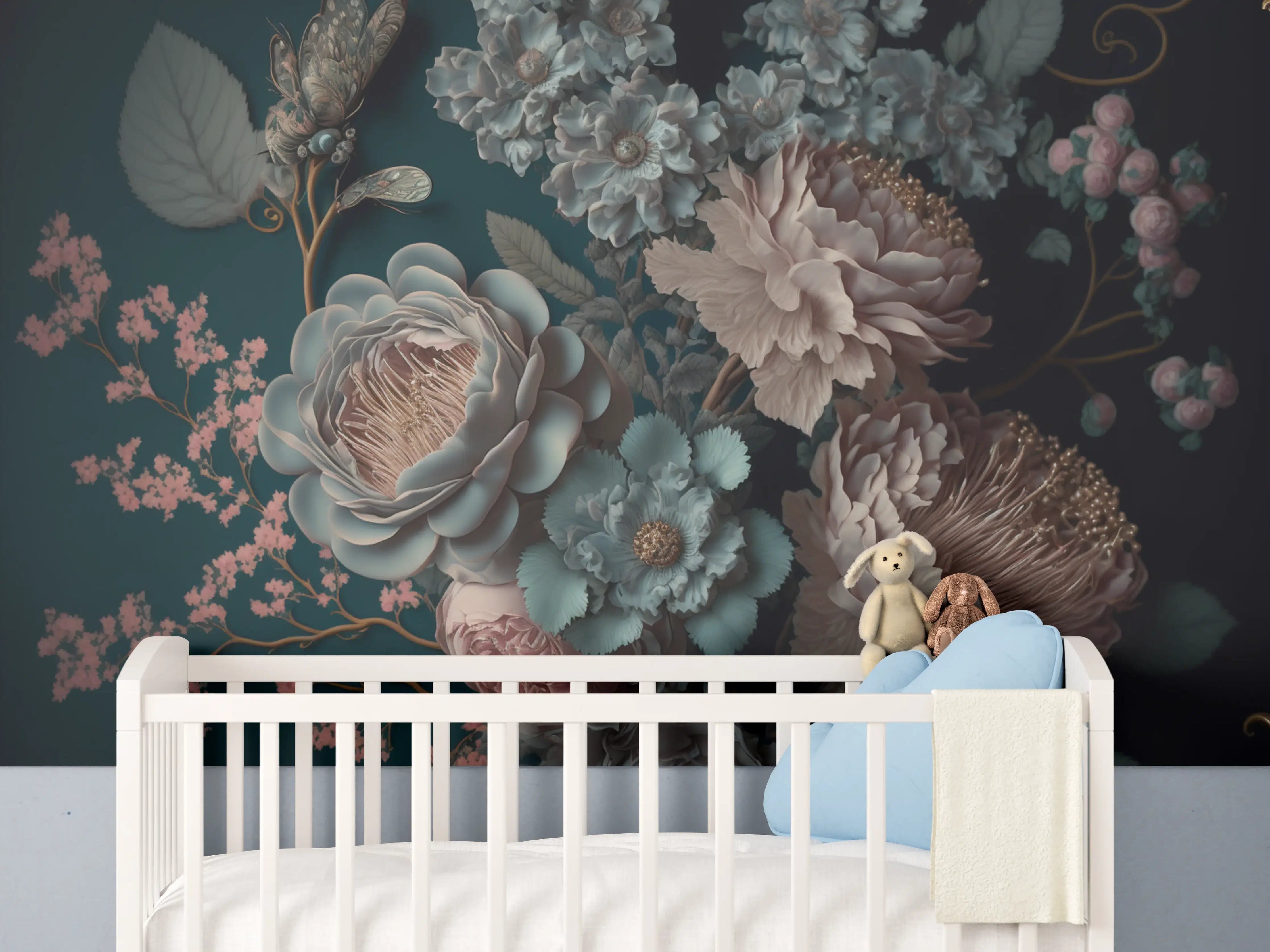 Babyzimmer Wandgestaltung - Elegante Blumenmotive in Dunkelblau und Pastell