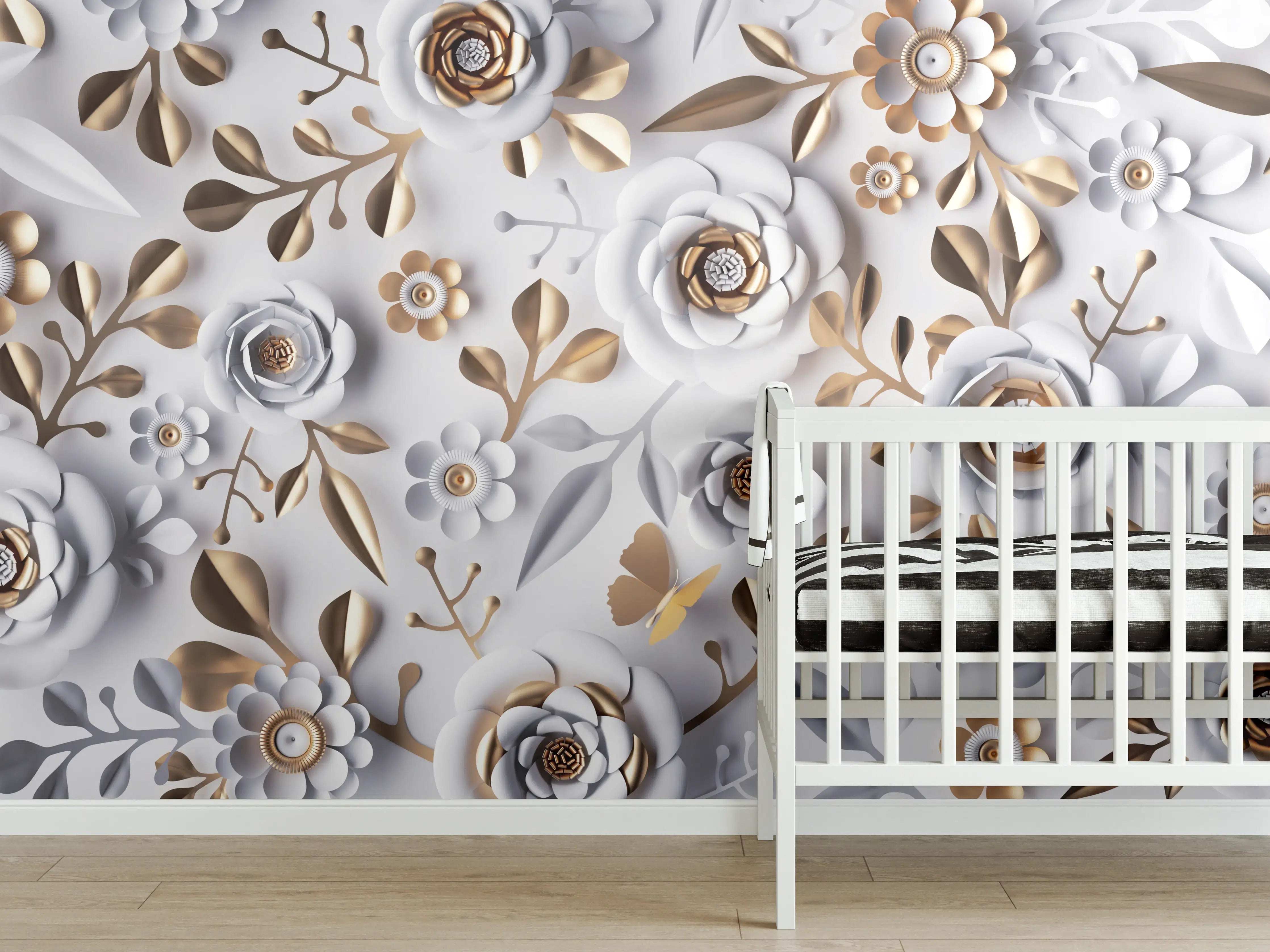 Babyzimmer Wandgestaltung - Elegante Blumenpräsentation in Grau-Tönen