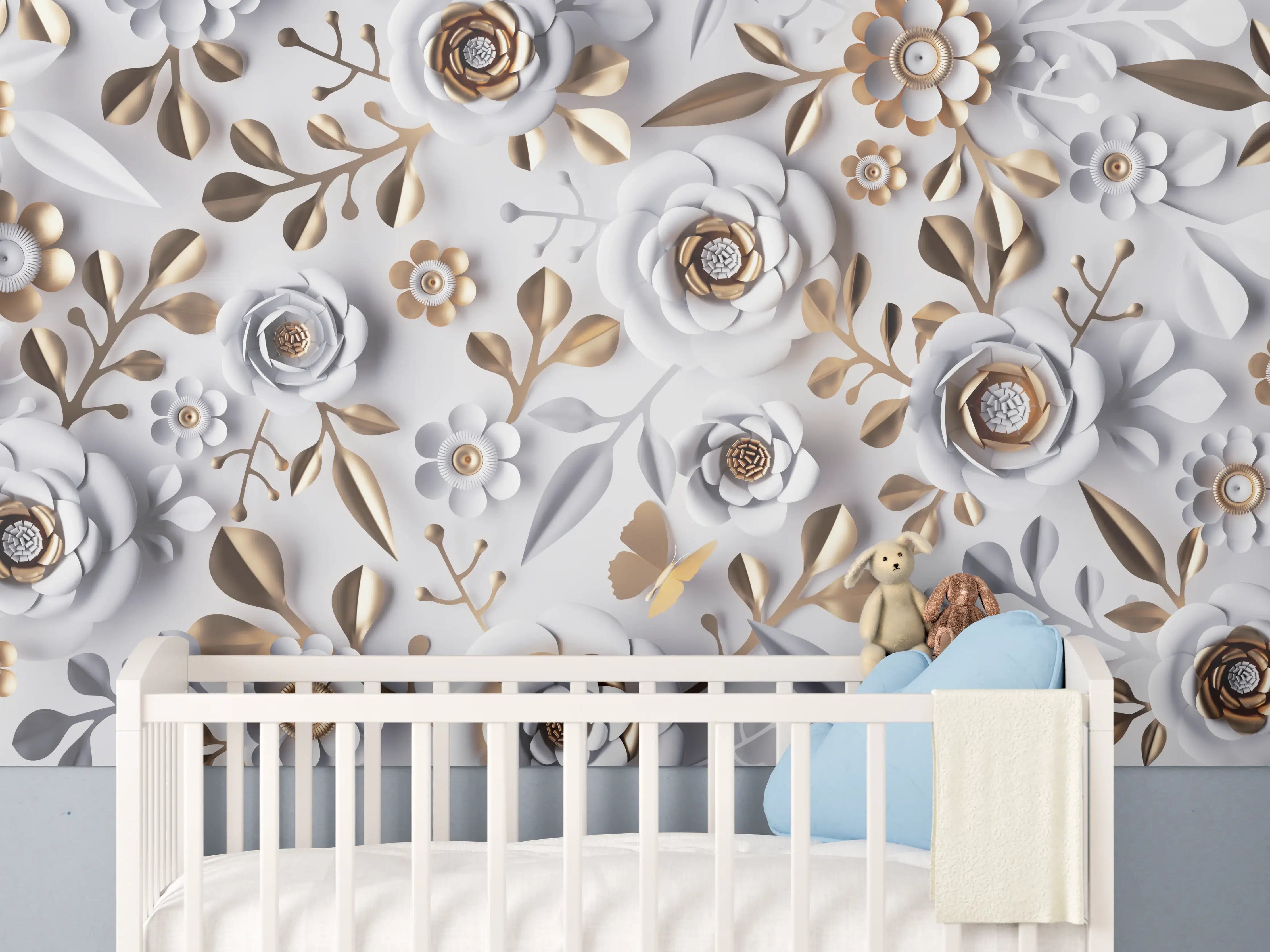 Babyzimmer Wandgestaltung - Elegante Blumenpräsentation in Grau-Tönen