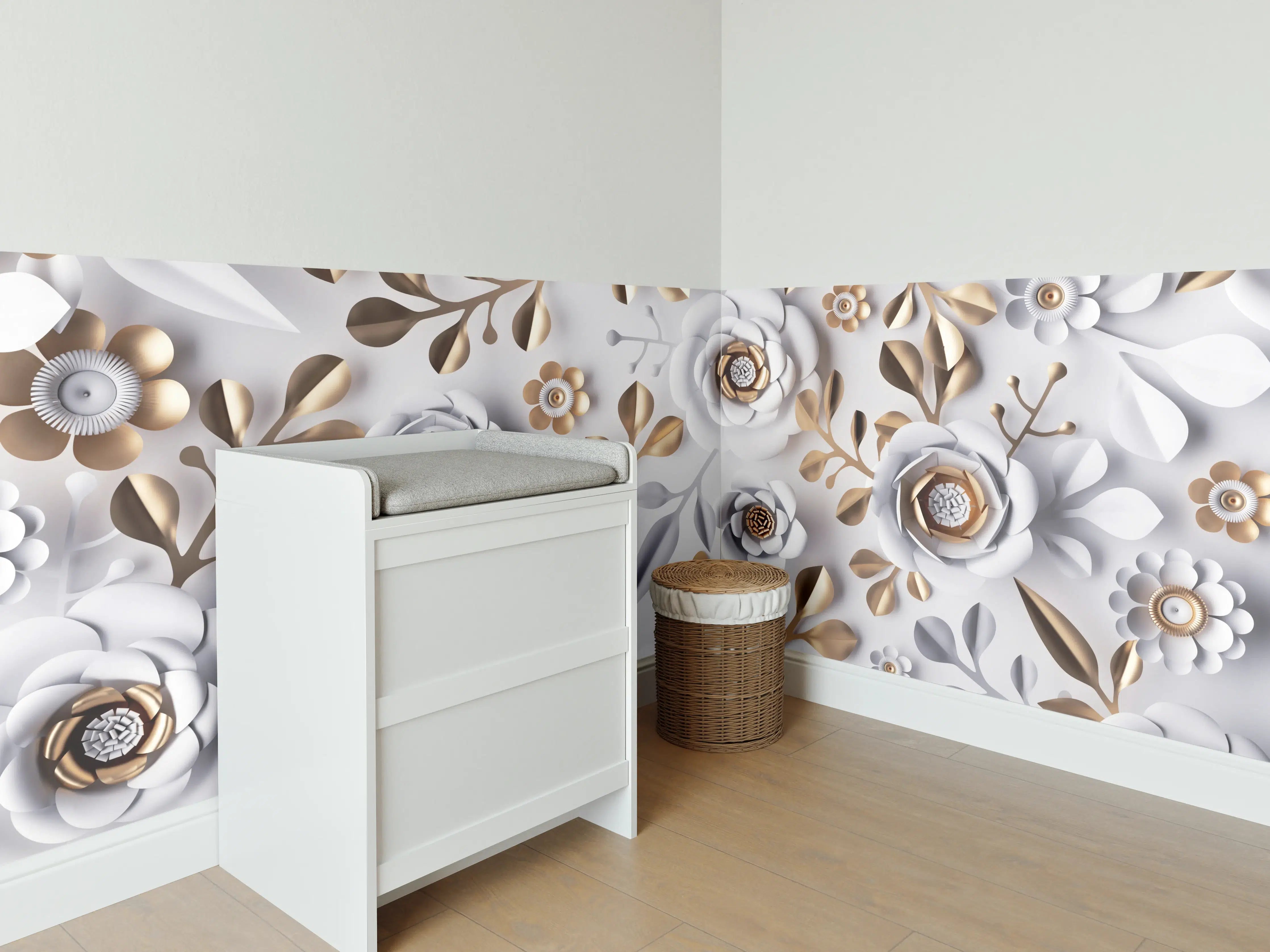 Babyzimmer Wandgestaltung - Elegante Blumenpräsentation in Grau-Tönen