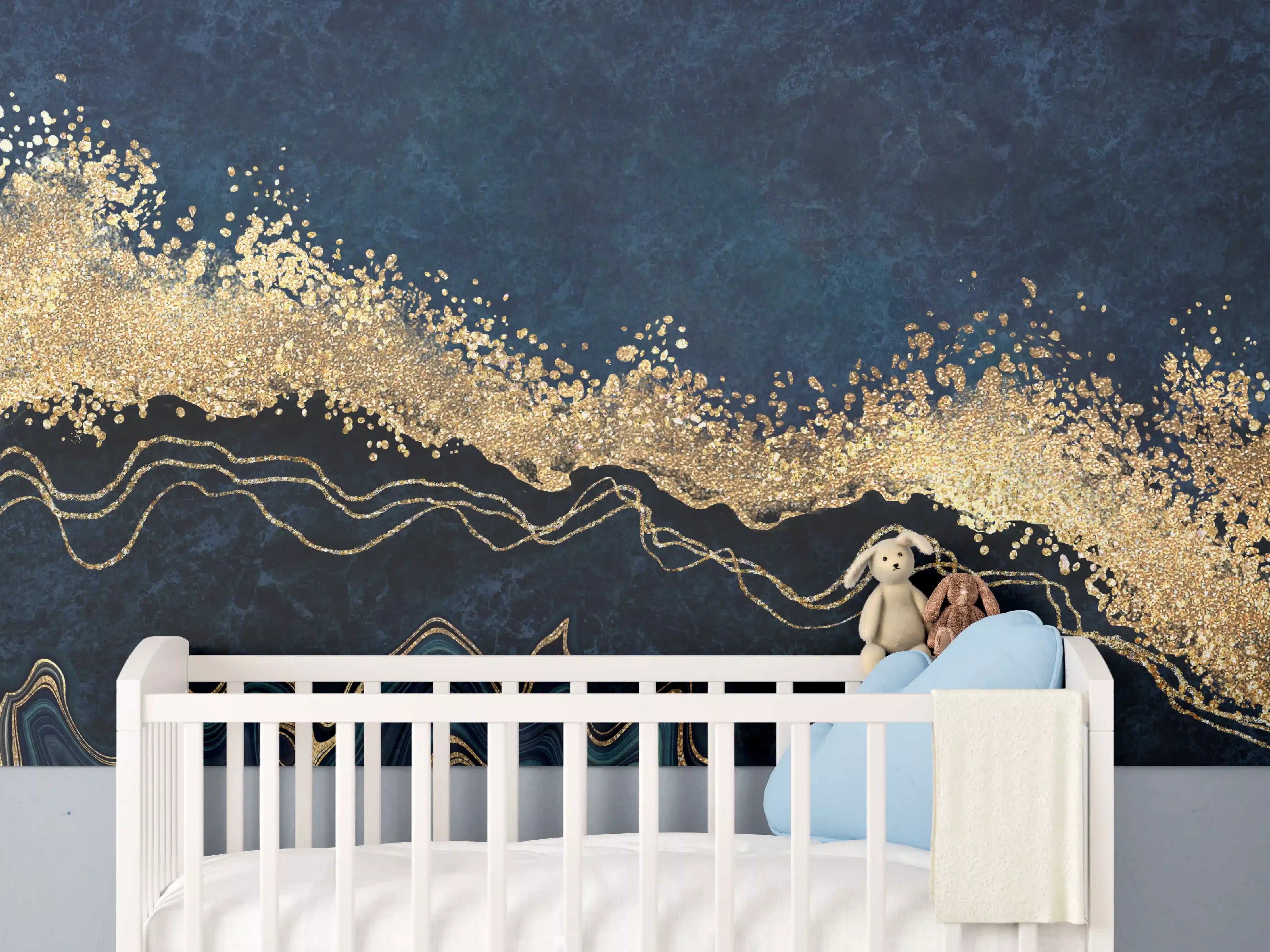 Babyzimmer Wandgestaltung - Elegante Dunkelblau-Gold-Design
