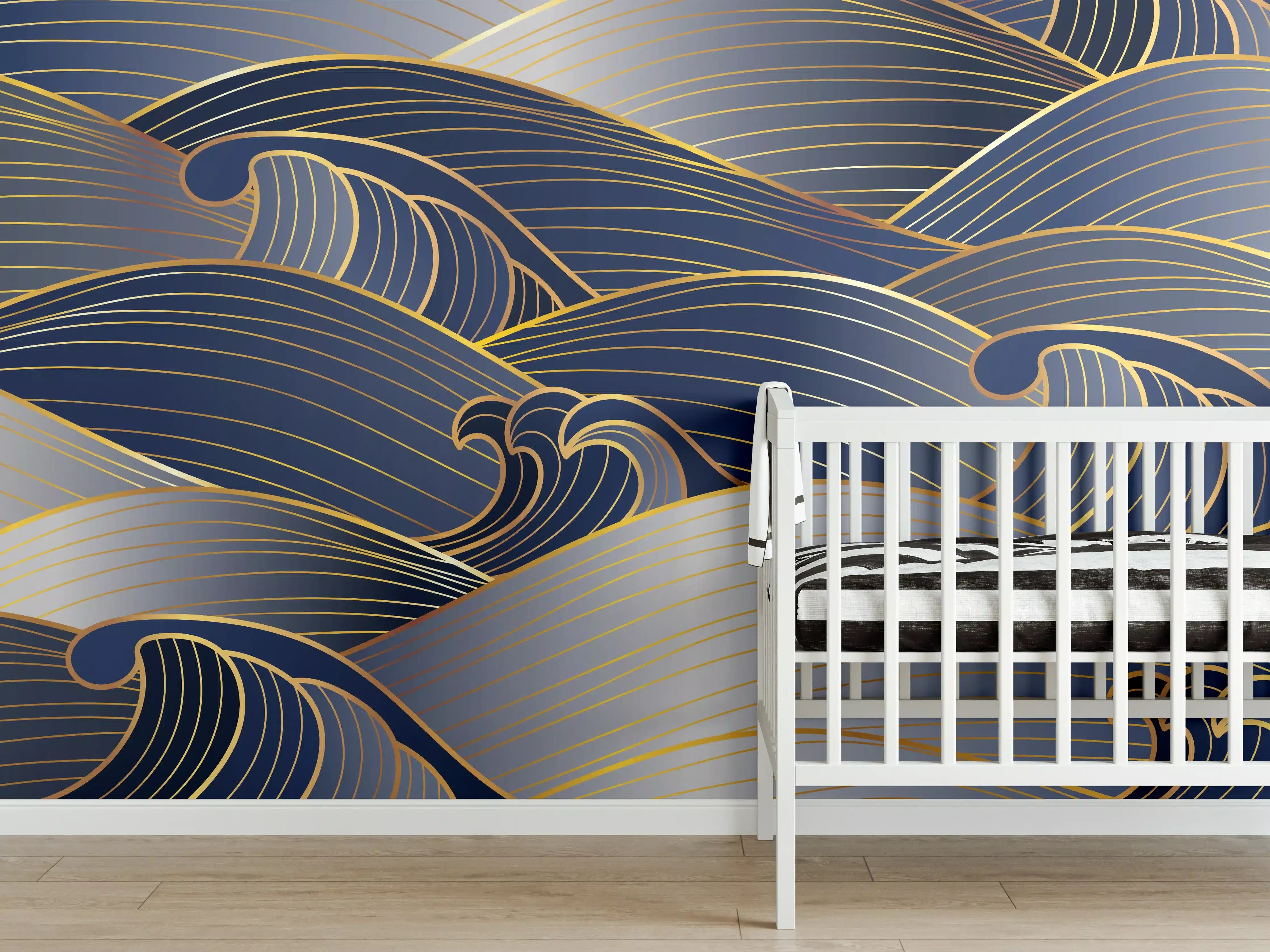 Babyzimmer Wandgestaltung - Elegante Gold-Blau Wellentextur