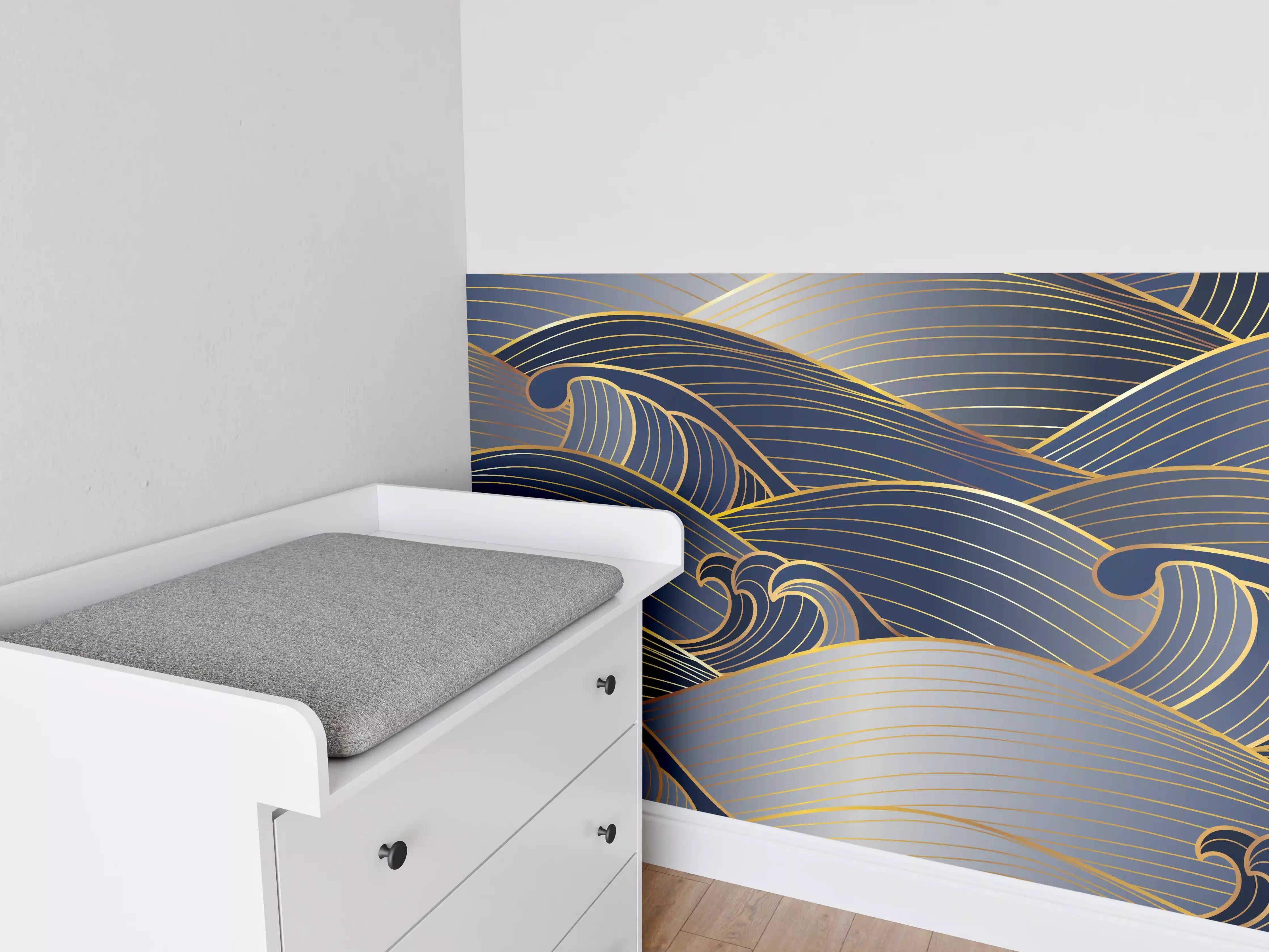 Babyzimmer Wandgestaltung - Elegante Gold-Blau Wellentextur