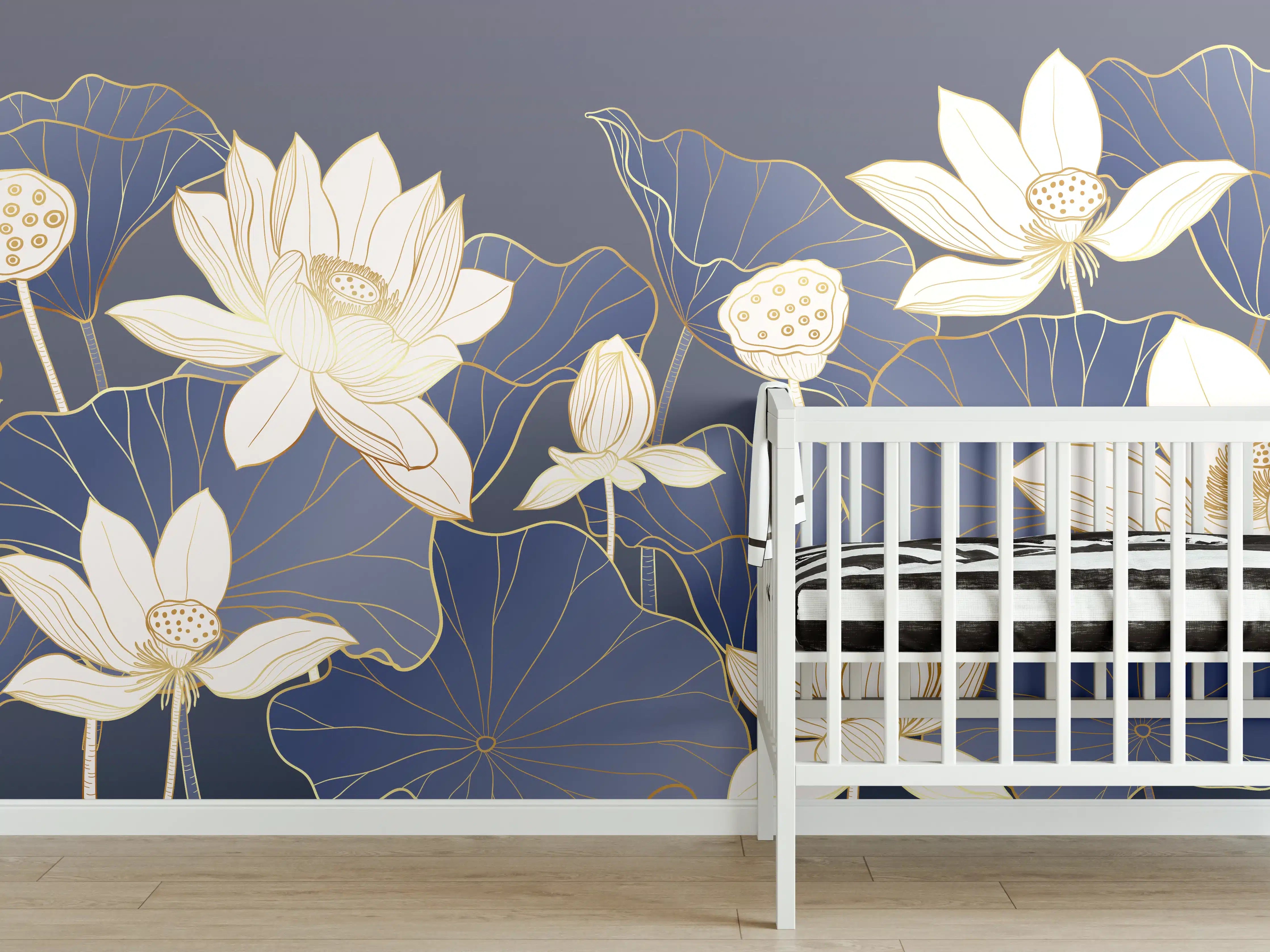 Babyzimmer Wandgestaltung - Elegante Lotusblüten in Blau und Beige