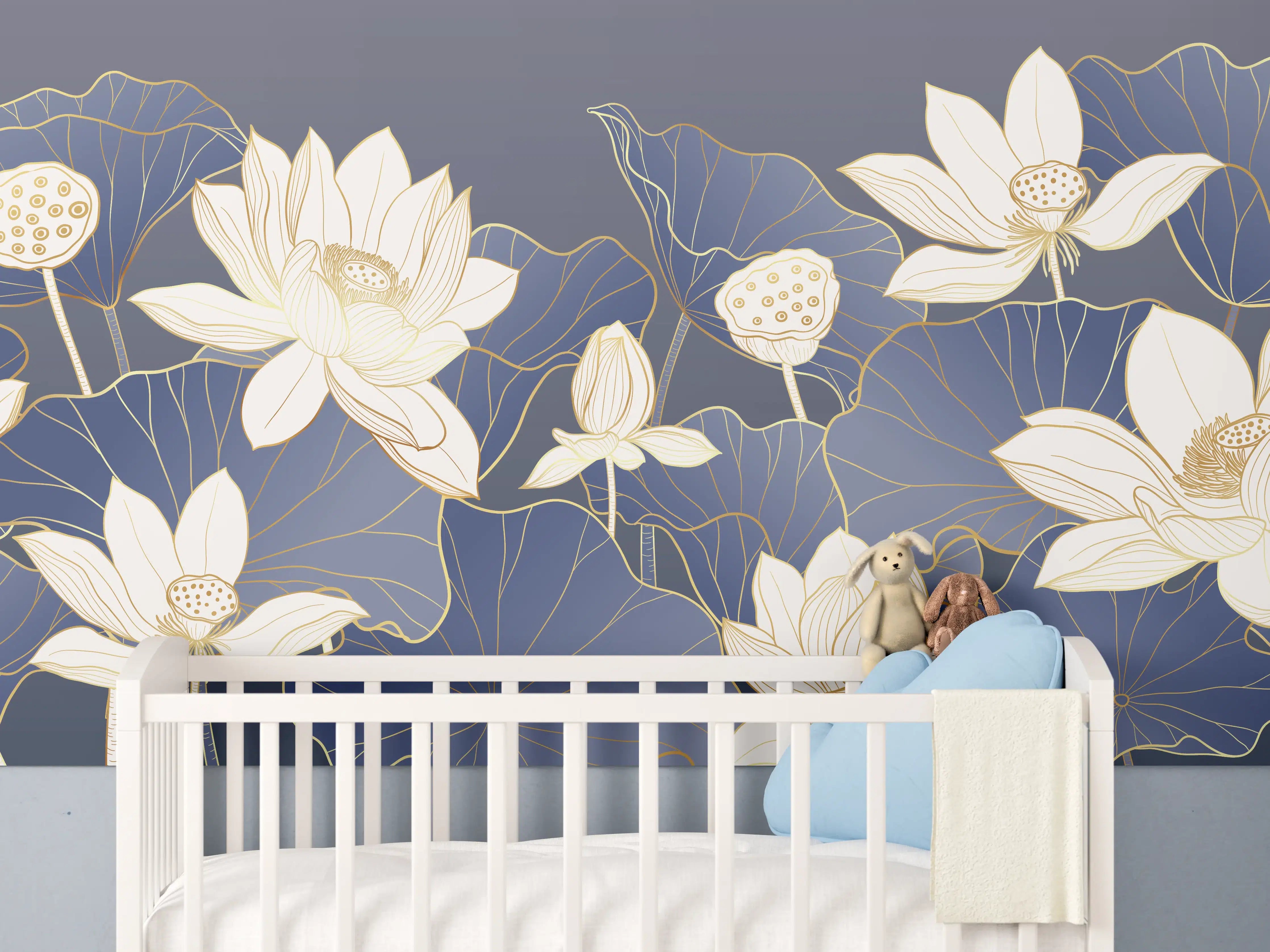 Babyzimmer Wandgestaltung - Elegante Lotusblüten in Blau und Beige