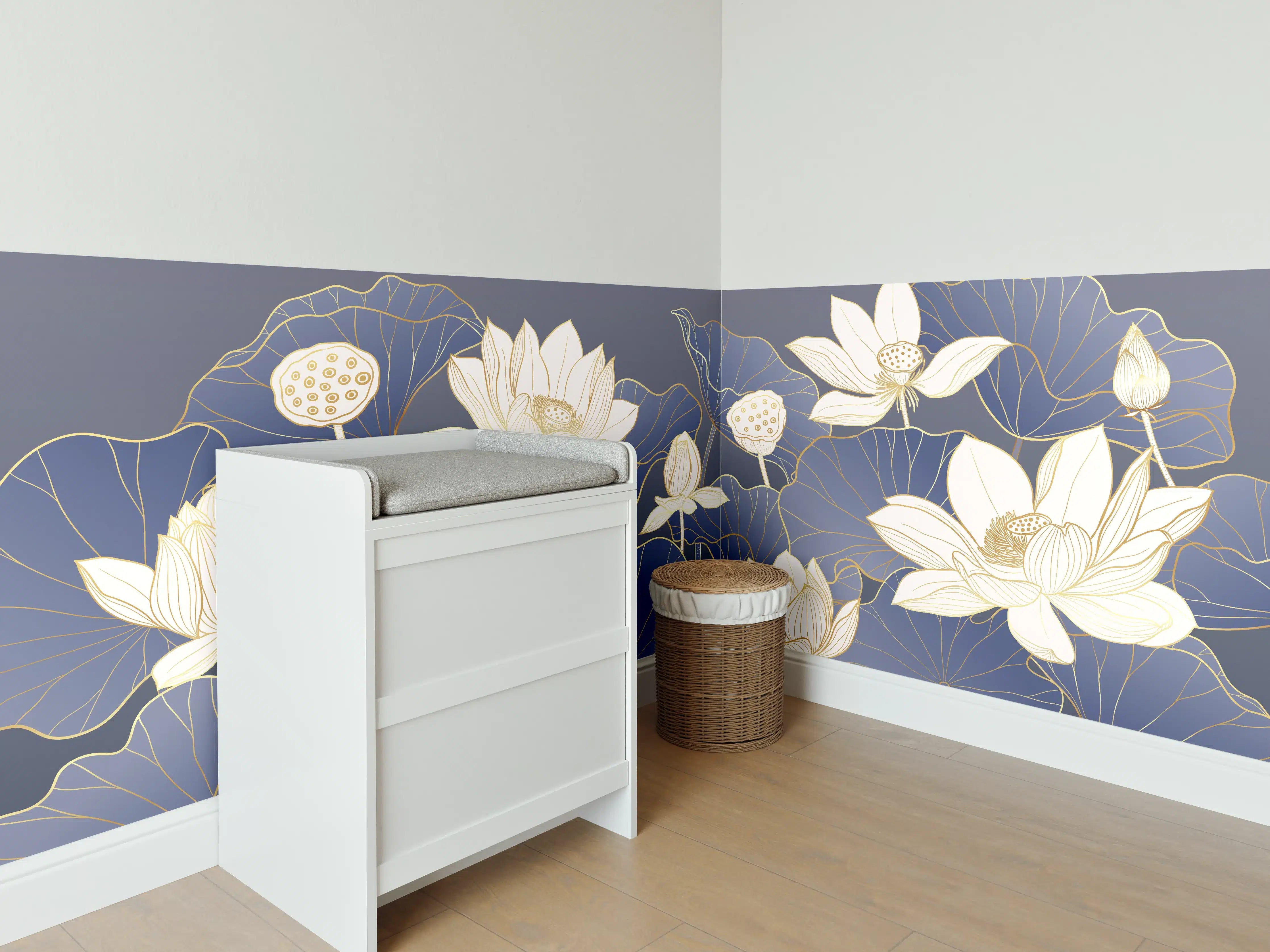 Babyzimmer Wandgestaltung - Elegante Lotusblüten in Blau und Beige