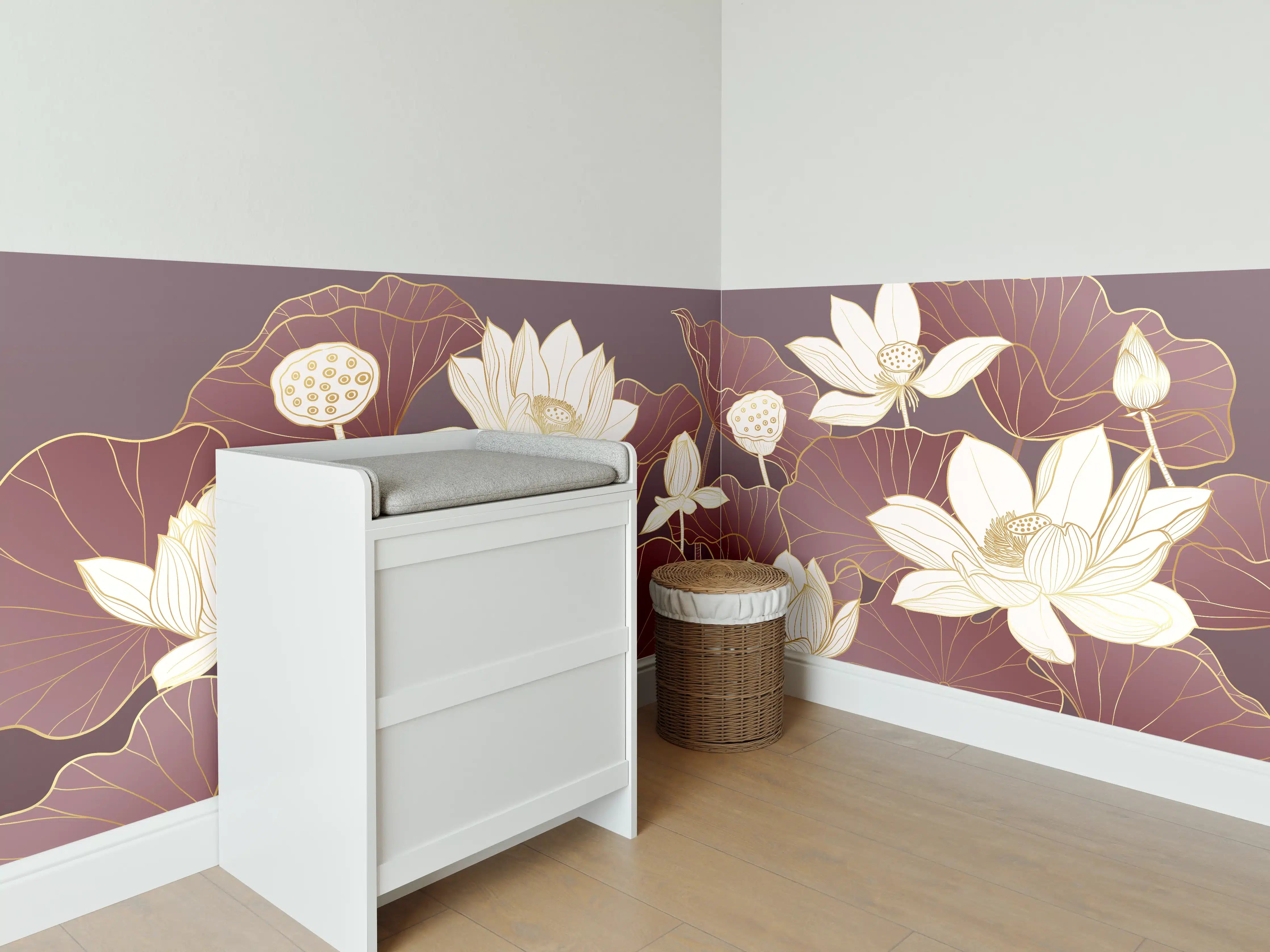 Babyzimmer Wandgestaltung - Elegante Lotusblumen auf goldigem Hintergrund