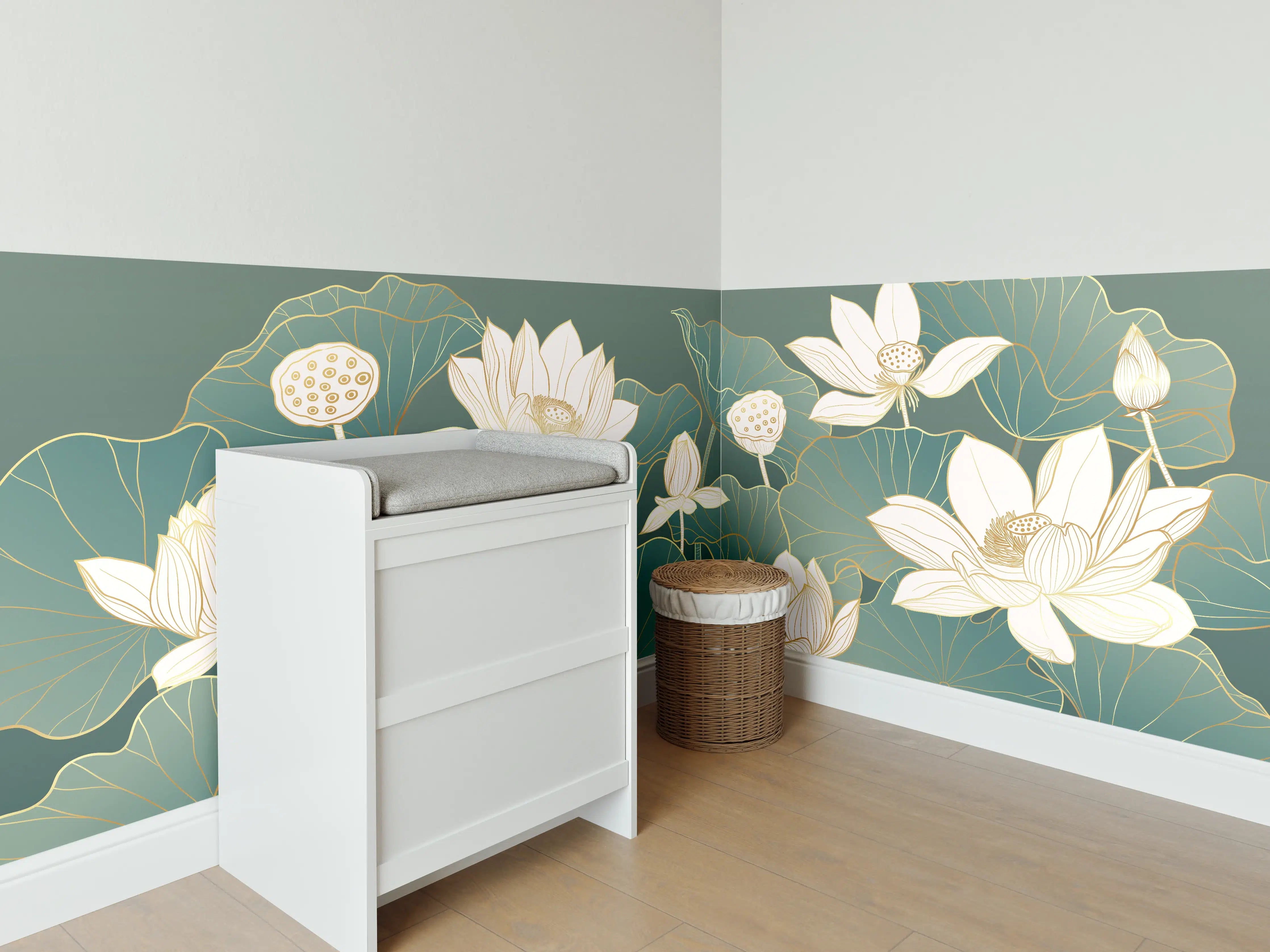 Babyzimmer Wandgestaltung - Elegante Lotusblumen auf grünen Blättern