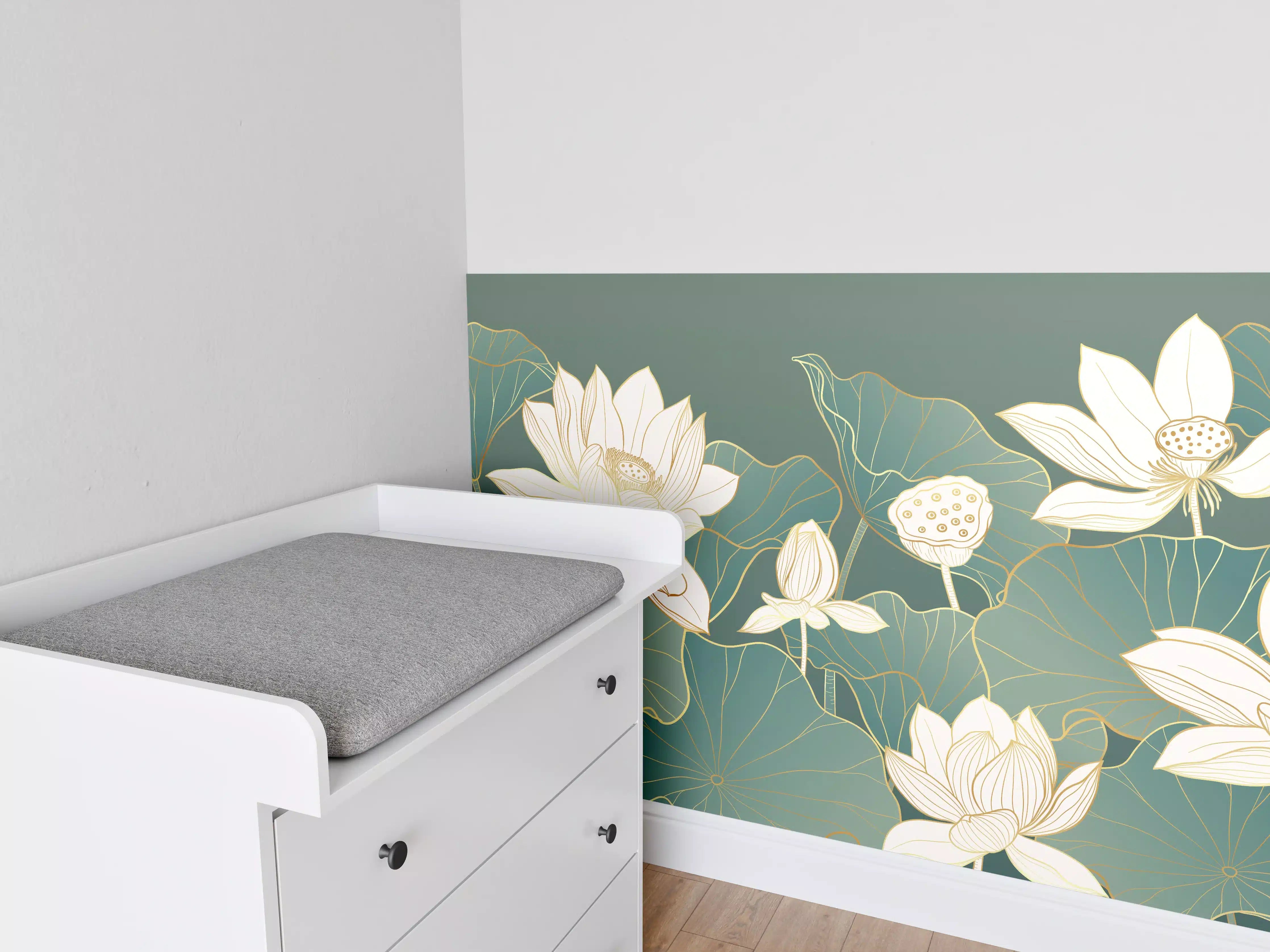 Babyzimmer Wandgestaltung - Elegante Lotusblumen auf grünen Blättern