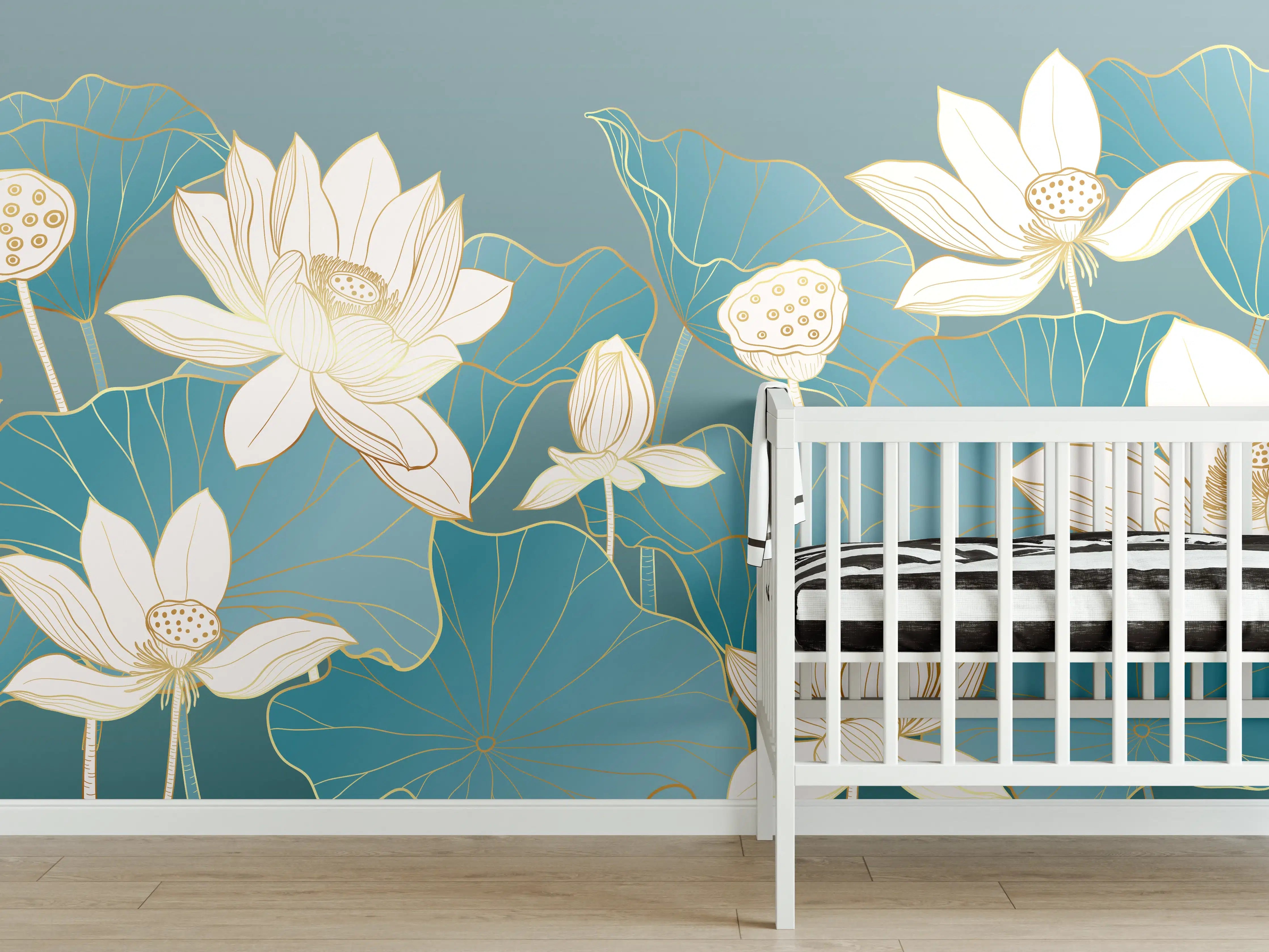 Babyzimmer Wandgestaltung - Elegante Lotusblumen in Blau und Weiß
