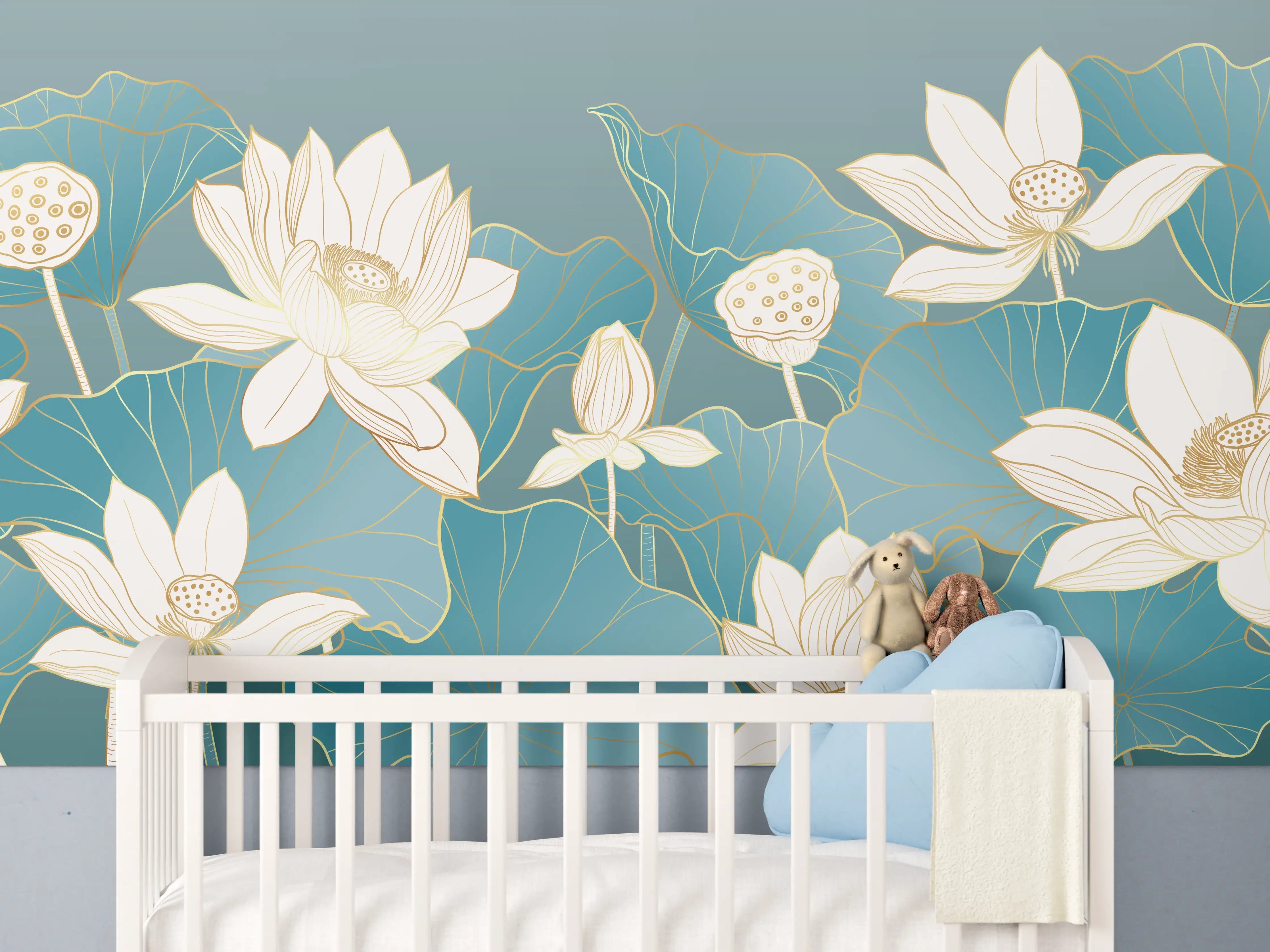 Babyzimmer Wandgestaltung - Elegante Lotusblumen in Blau und Weiß