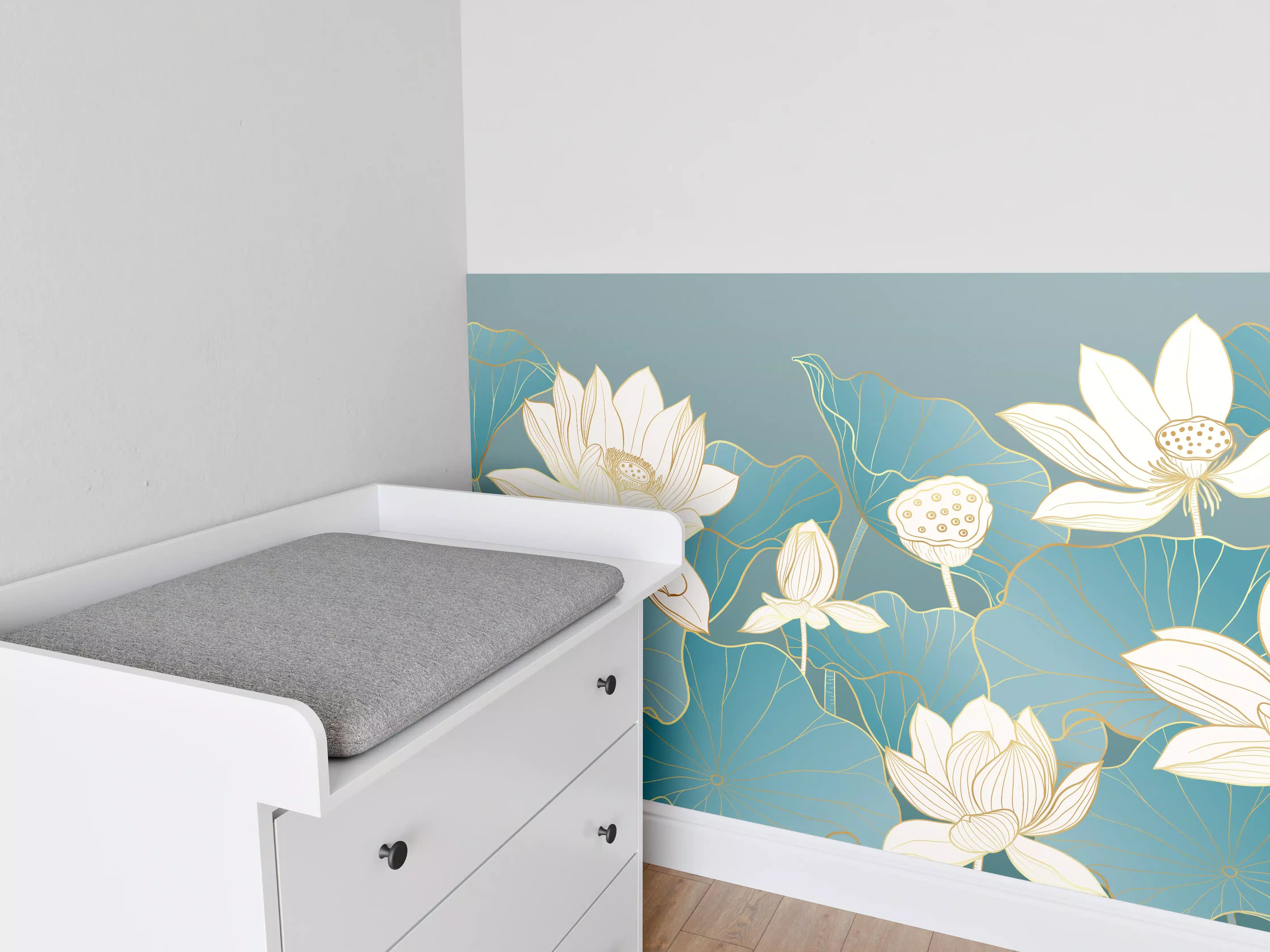 Babyzimmer Wandgestaltung - Elegante Lotusblumen in Blau und Weiß