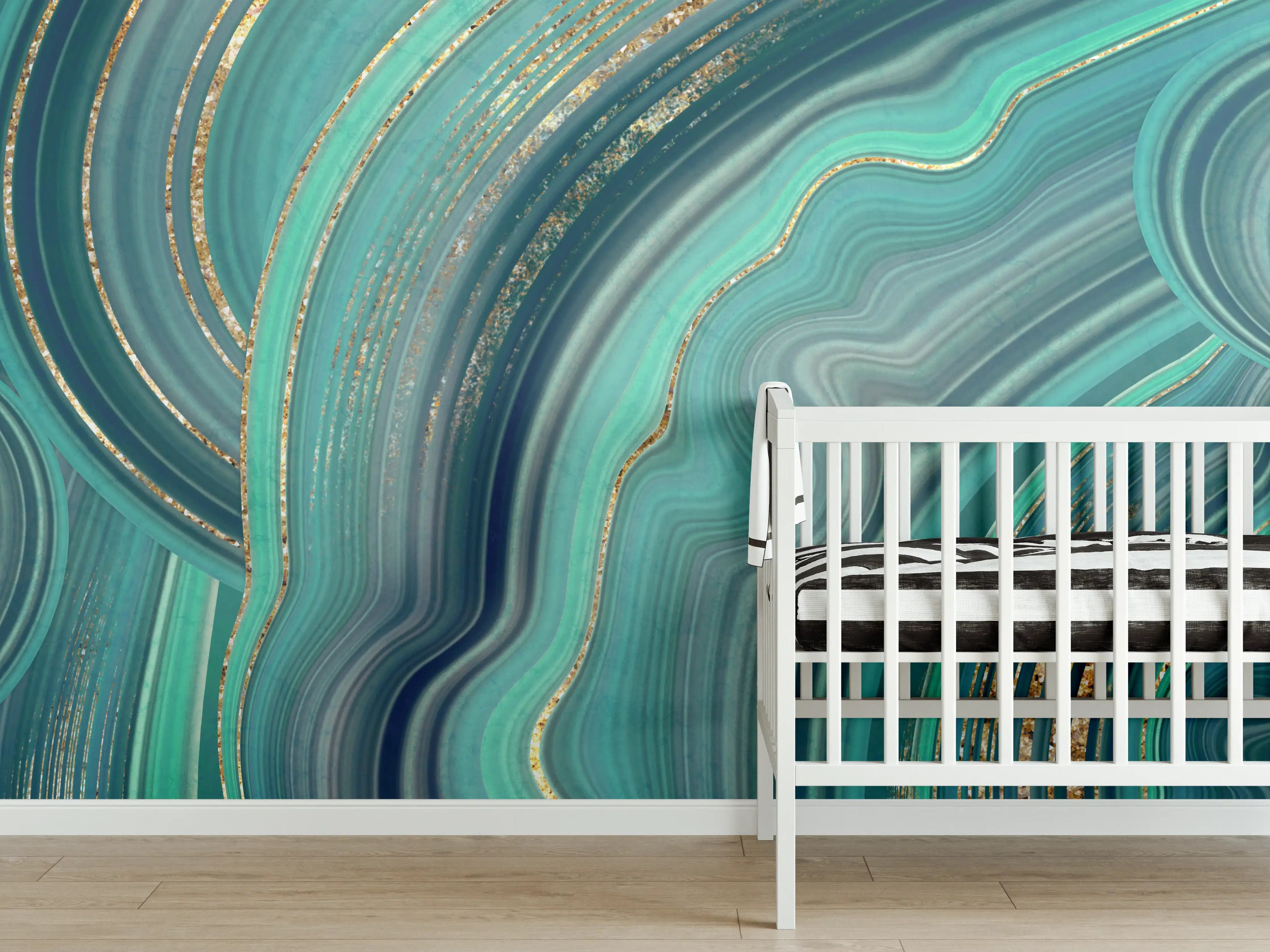 Babyzimmer Wandgestaltung - Elegante Meereswellen in Blau und Gold