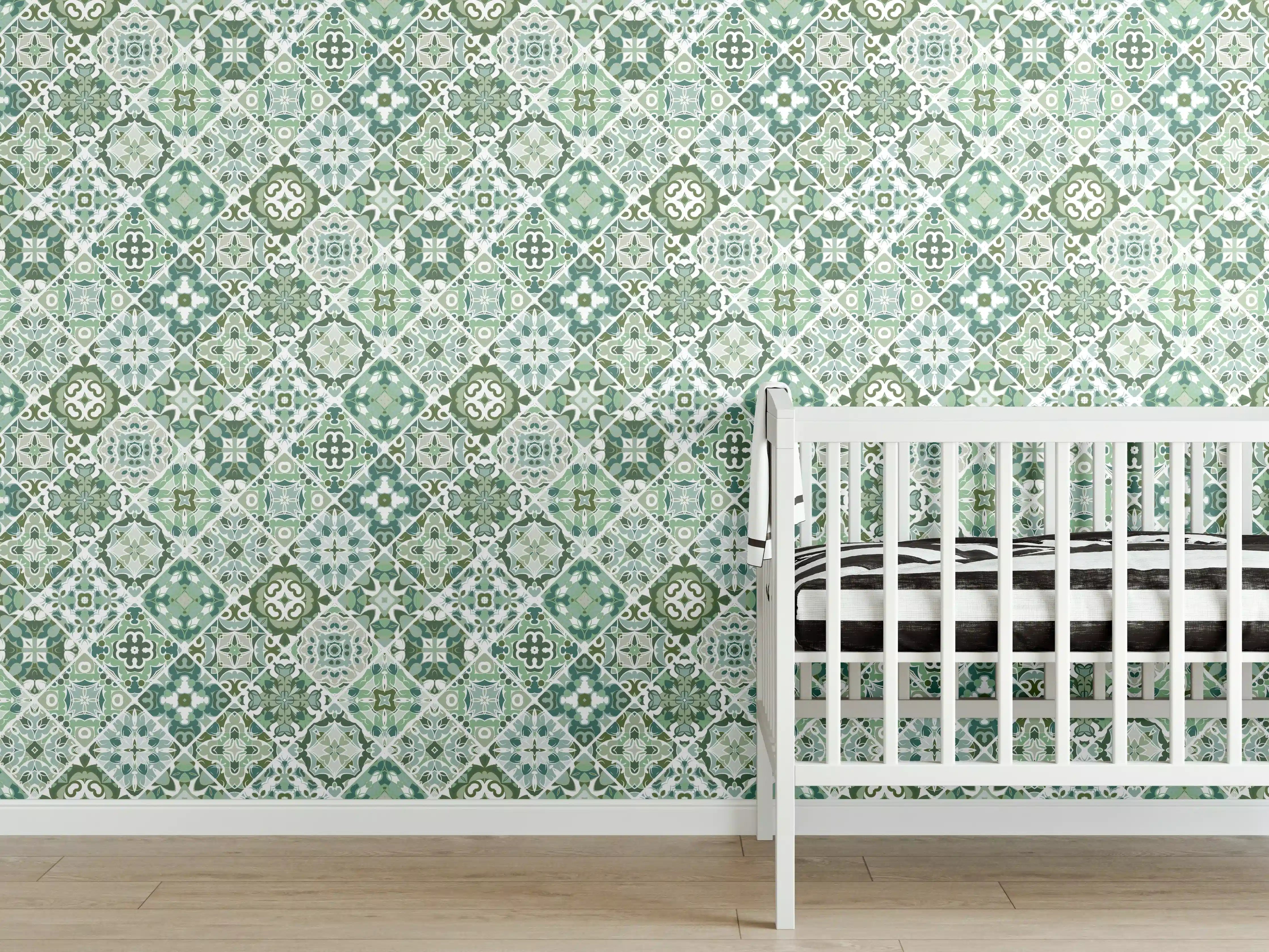 Babyzimmer Wandgestaltung - Elegante Muster-Tapete in Blau und Grün