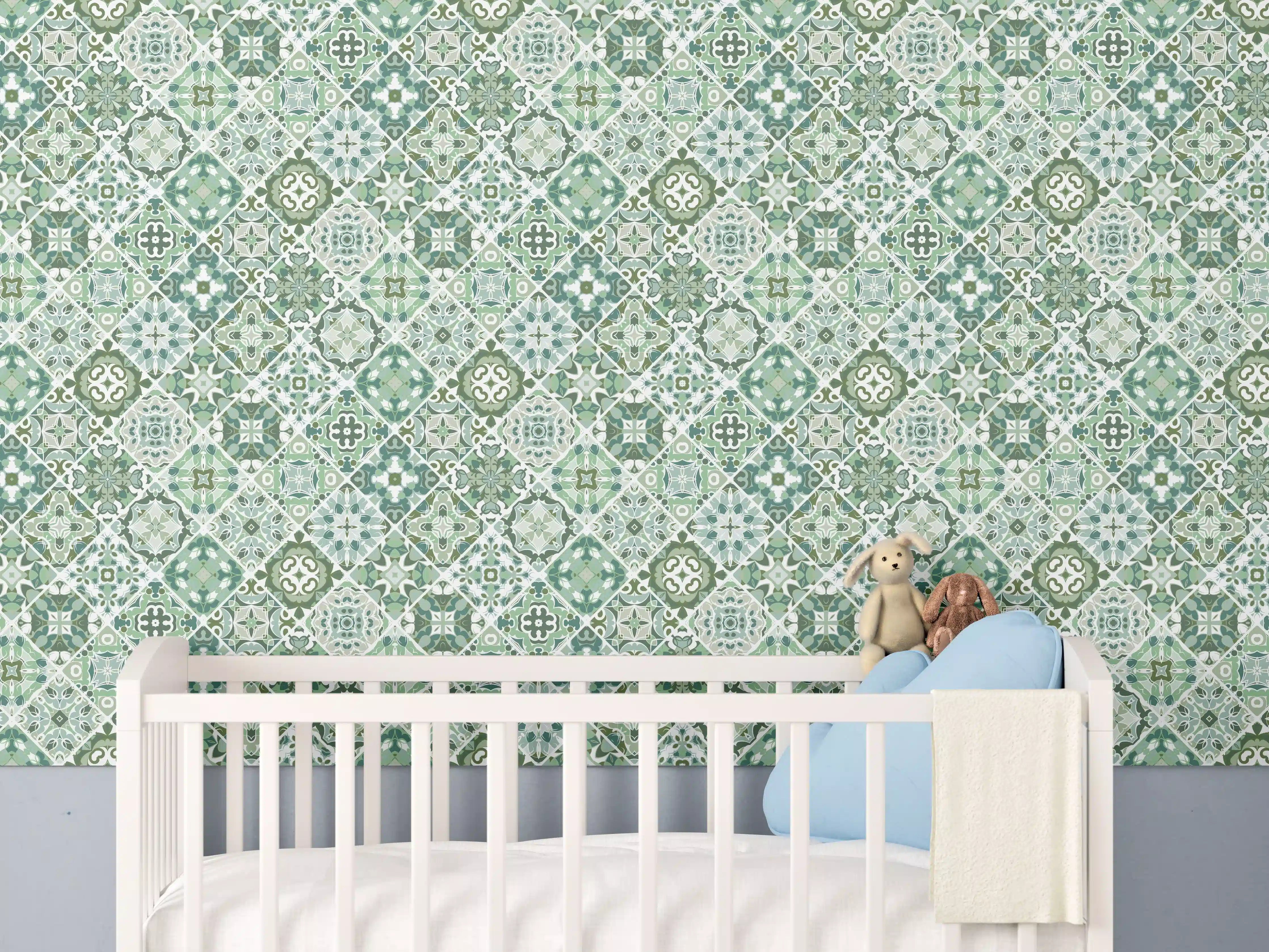 Babyzimmer Wandgestaltung - Elegante Muster-Tapete in Blau und Grün