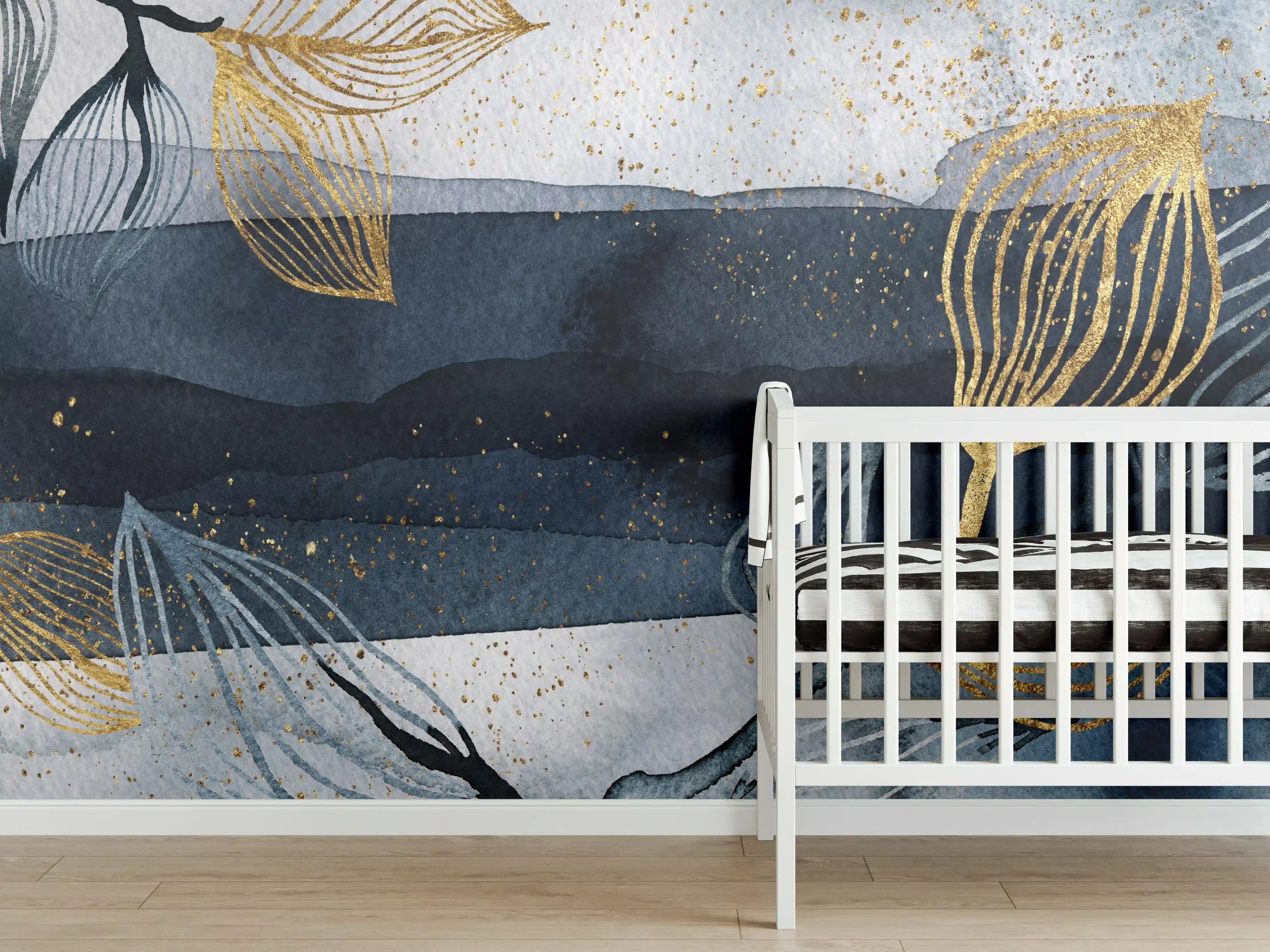 Babyzimmer Wandgestaltung - Elegante Wasserfarben-Komposition in Blau und Gold