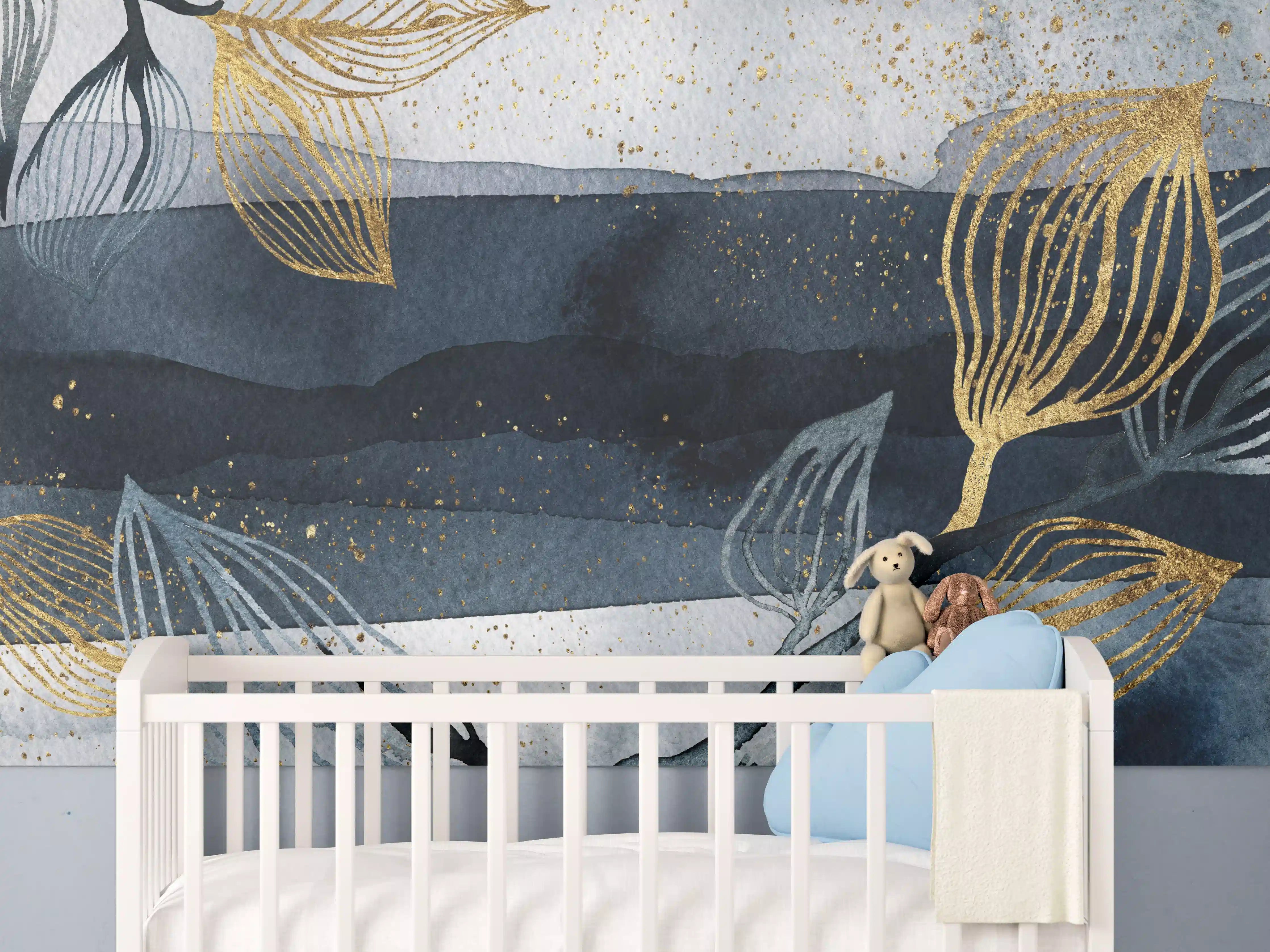 Babyzimmer Wandgestaltung - Elegante Wasserfarben-Komposition in Blau und Gold