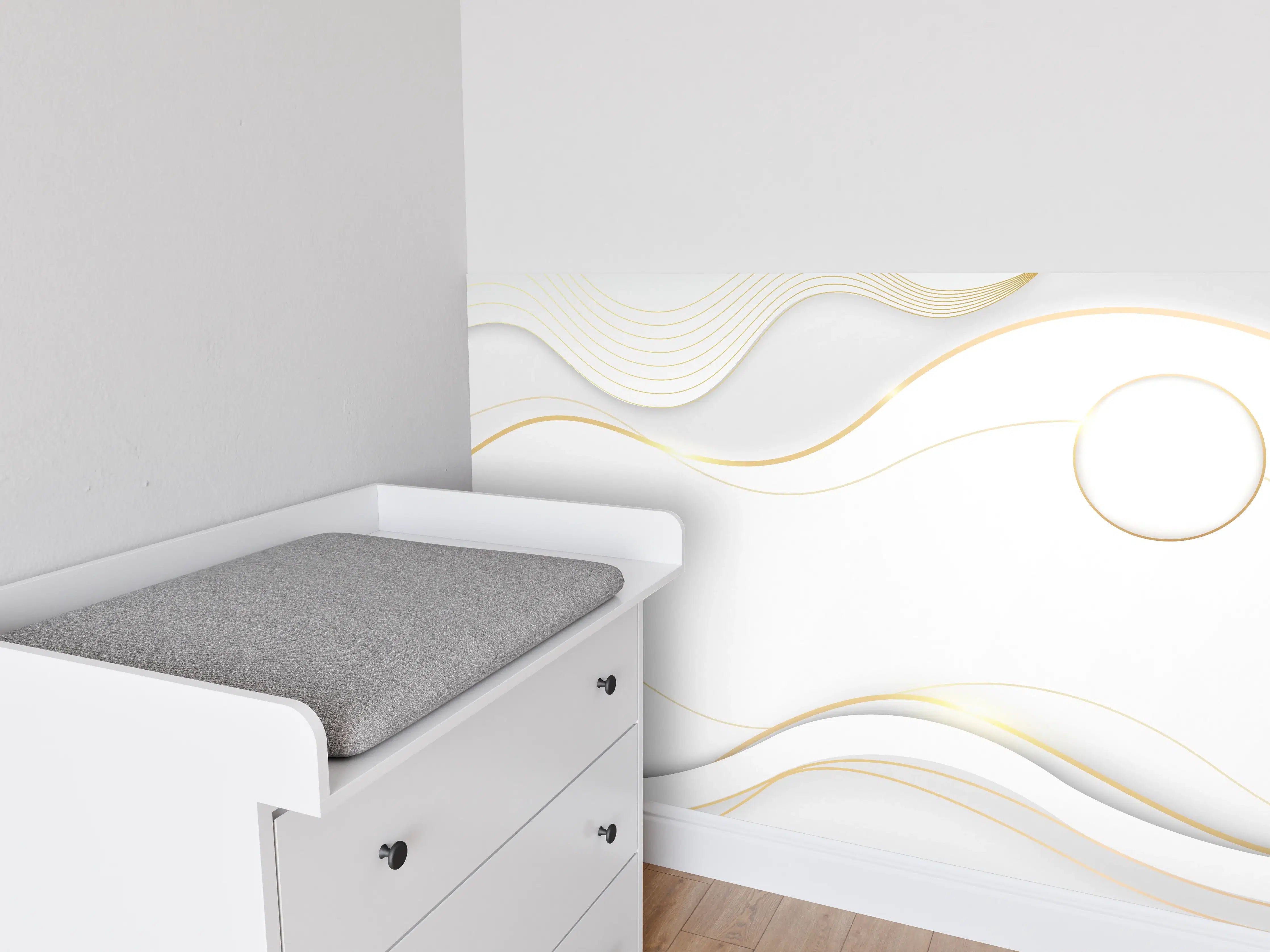 Babyzimmer Wandgestaltung - Elegante Weiß-Gold Wellen-Design