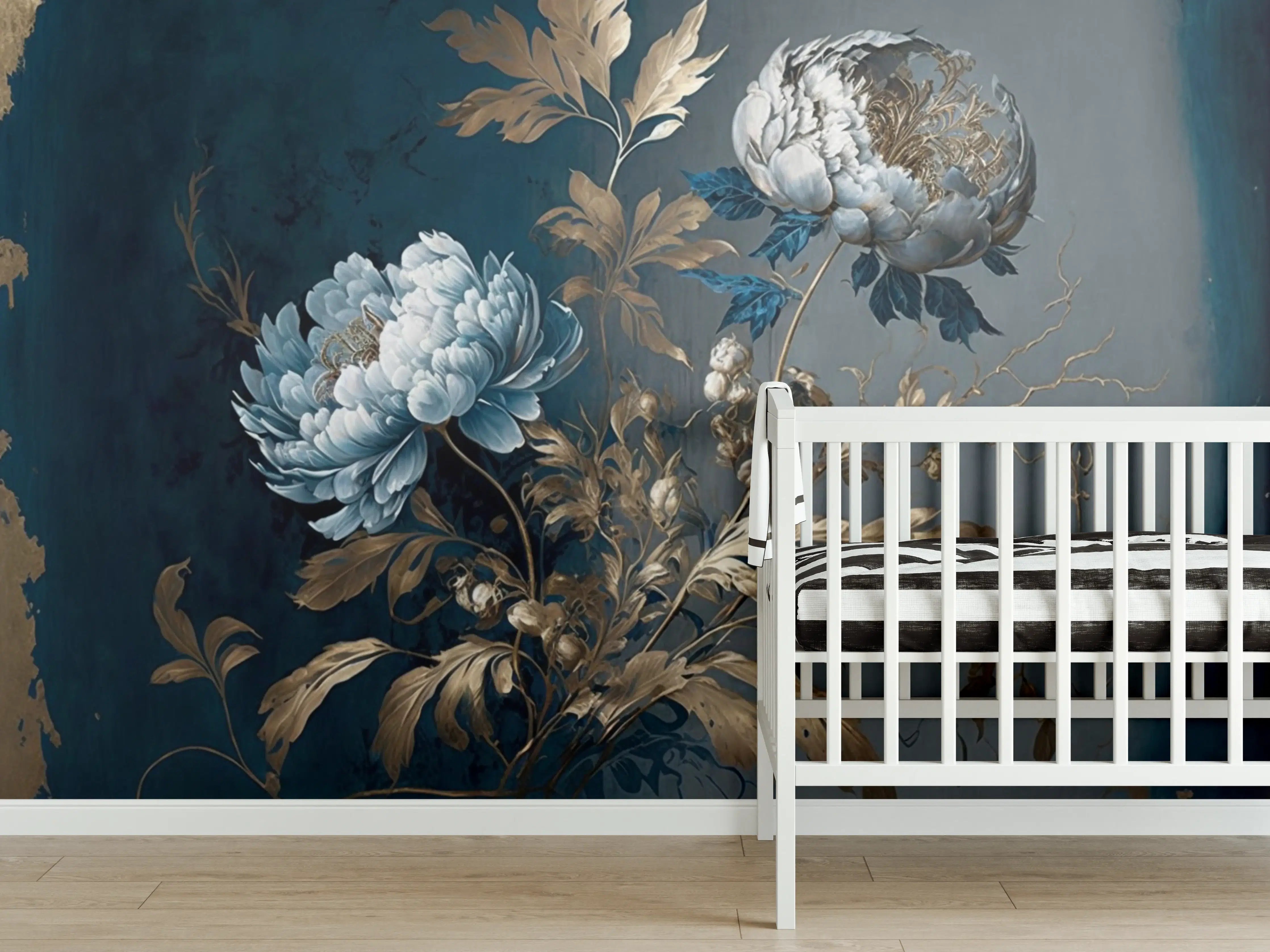 Babyzimmer Wandgestaltung - Elegante blühende Peonie in Blau und Gold