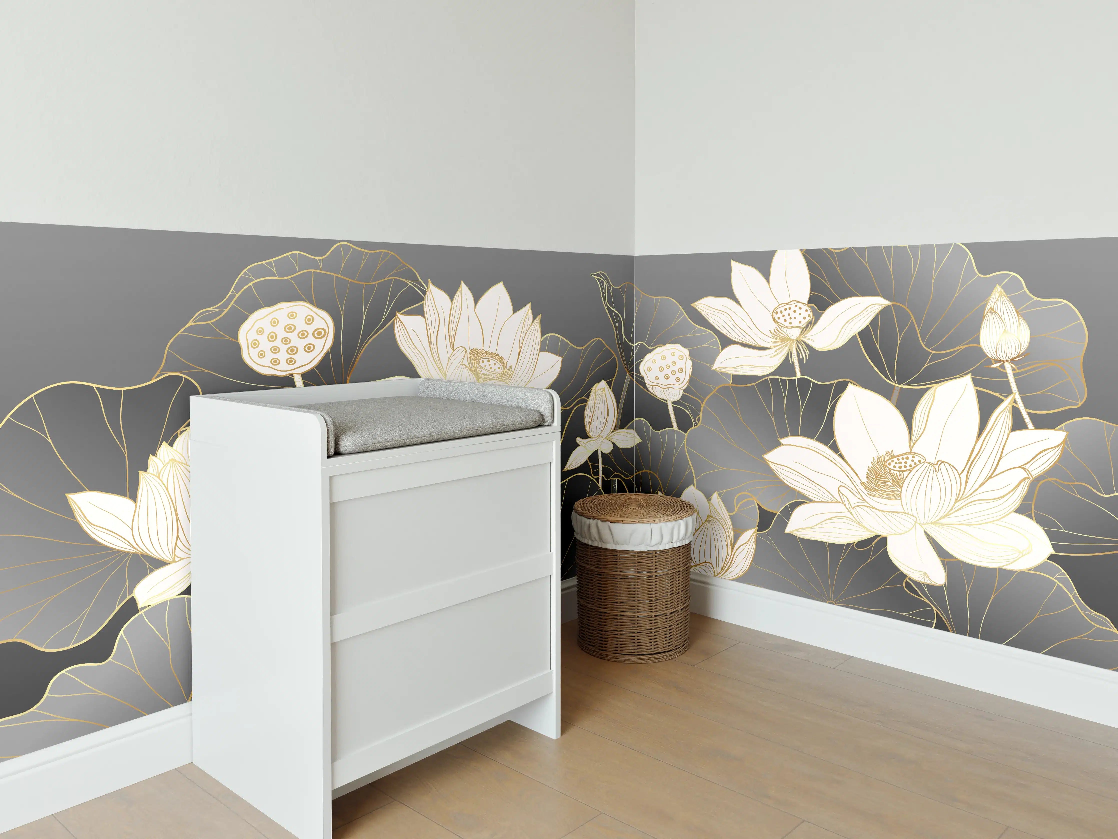 Babyzimmer Wandgestaltung - Elegante weißen Lotusblüten auf dunklem Hintergrund