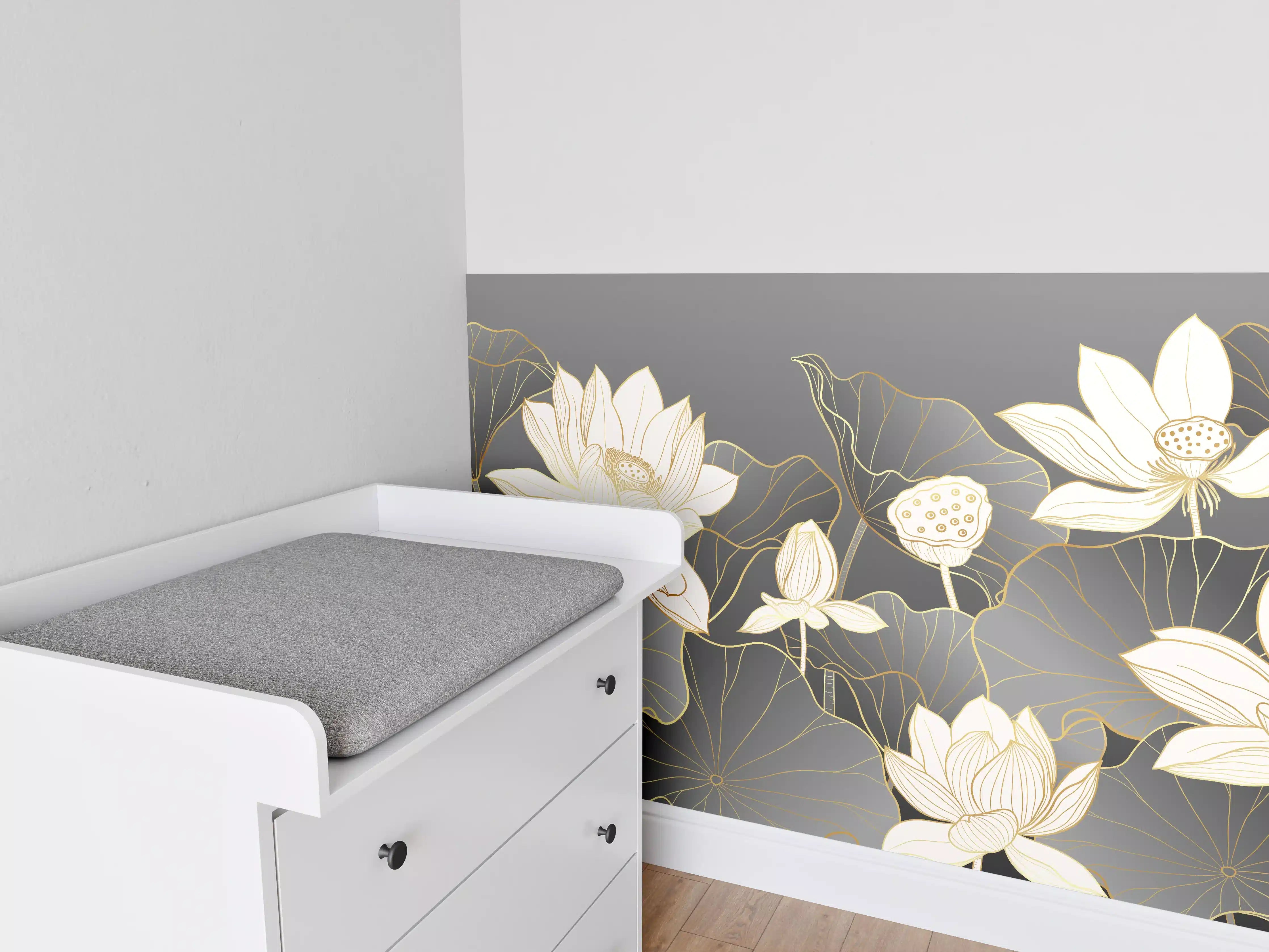 Babyzimmer Wandgestaltung - Elegante weißen Lotusblüten auf dunklem Hintergrund