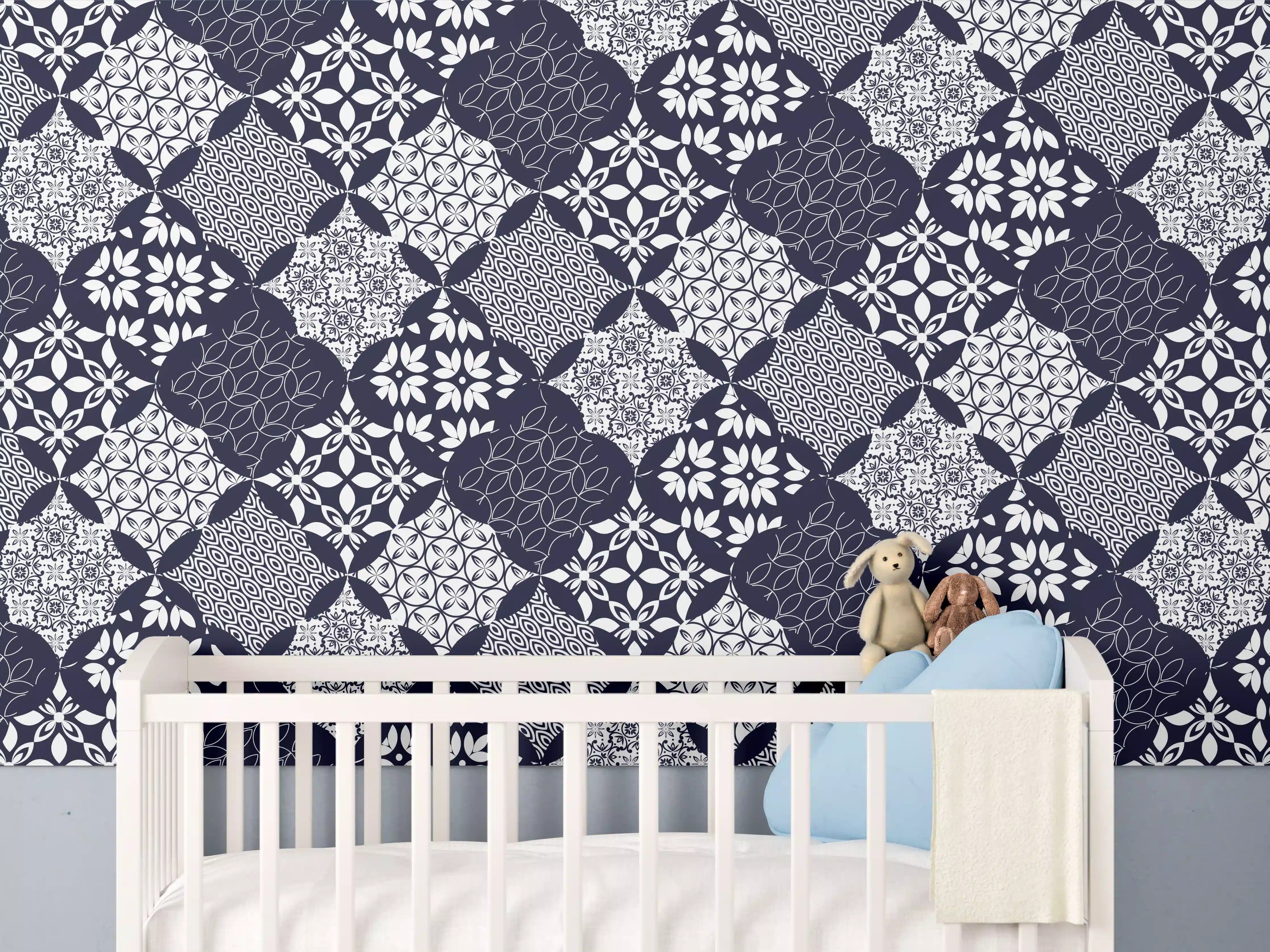 Babyzimmer Wandgestaltung - Elegantes Blau-Weiß-Grau Muster