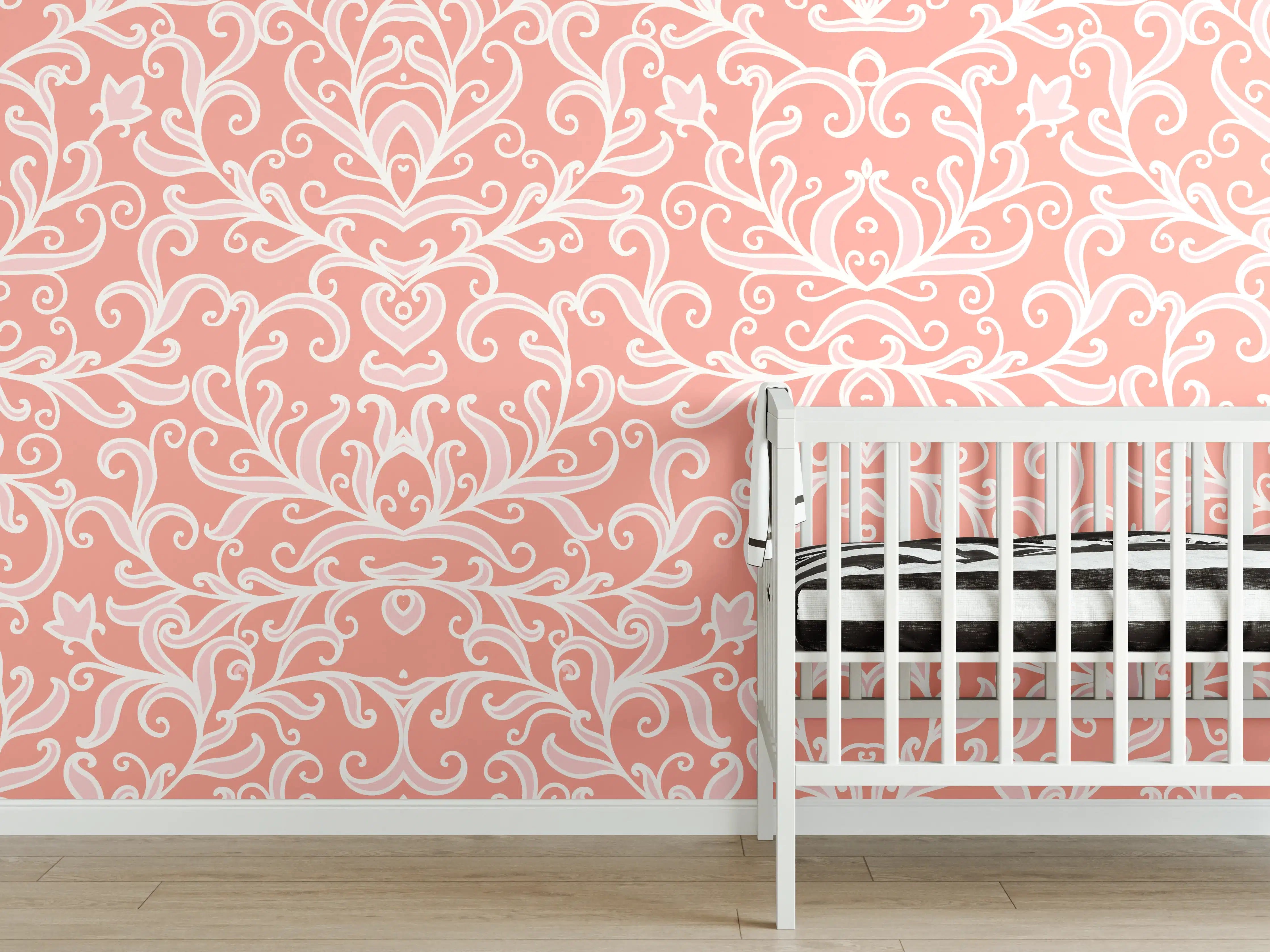 Babyzimmer Wandgestaltung - Elegantes Damastmuster in Peach mit Weiß