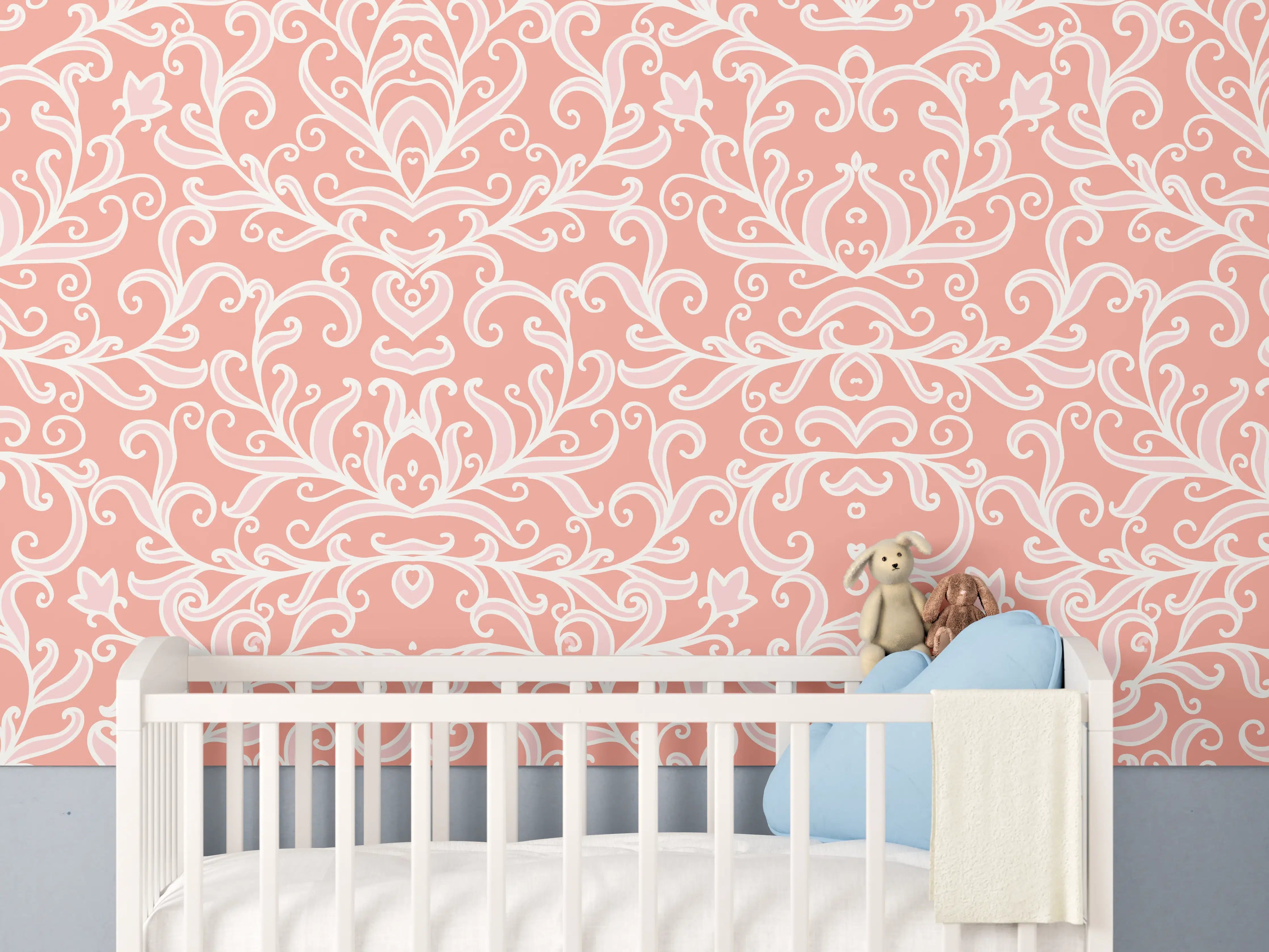 Babyzimmer Wandgestaltung - Elegantes Damastmuster in Peach mit Weiß