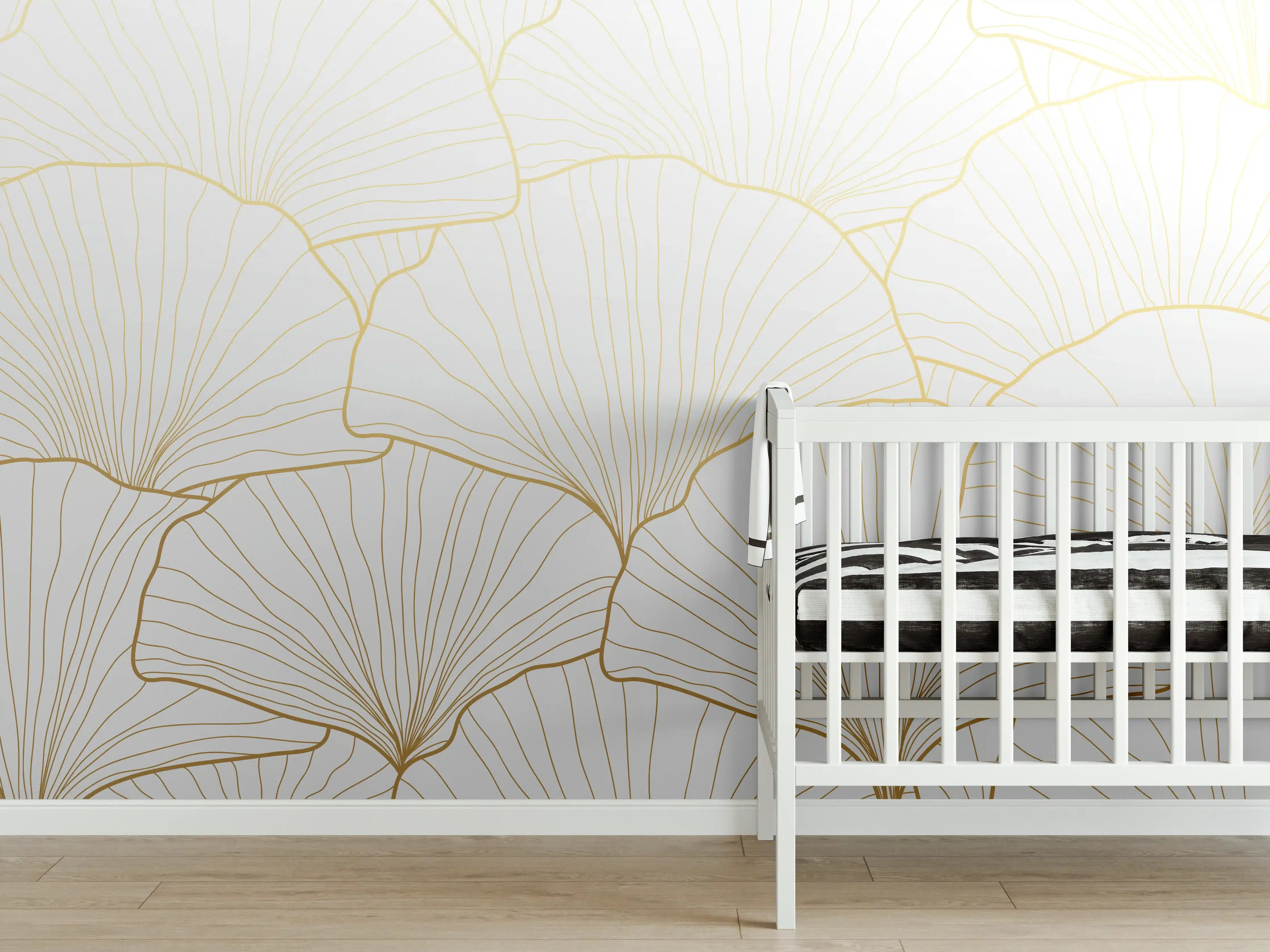 Babyzimmer Wandgestaltung - Elegantes Ginkgo-Blatt Design Weiß-Gold