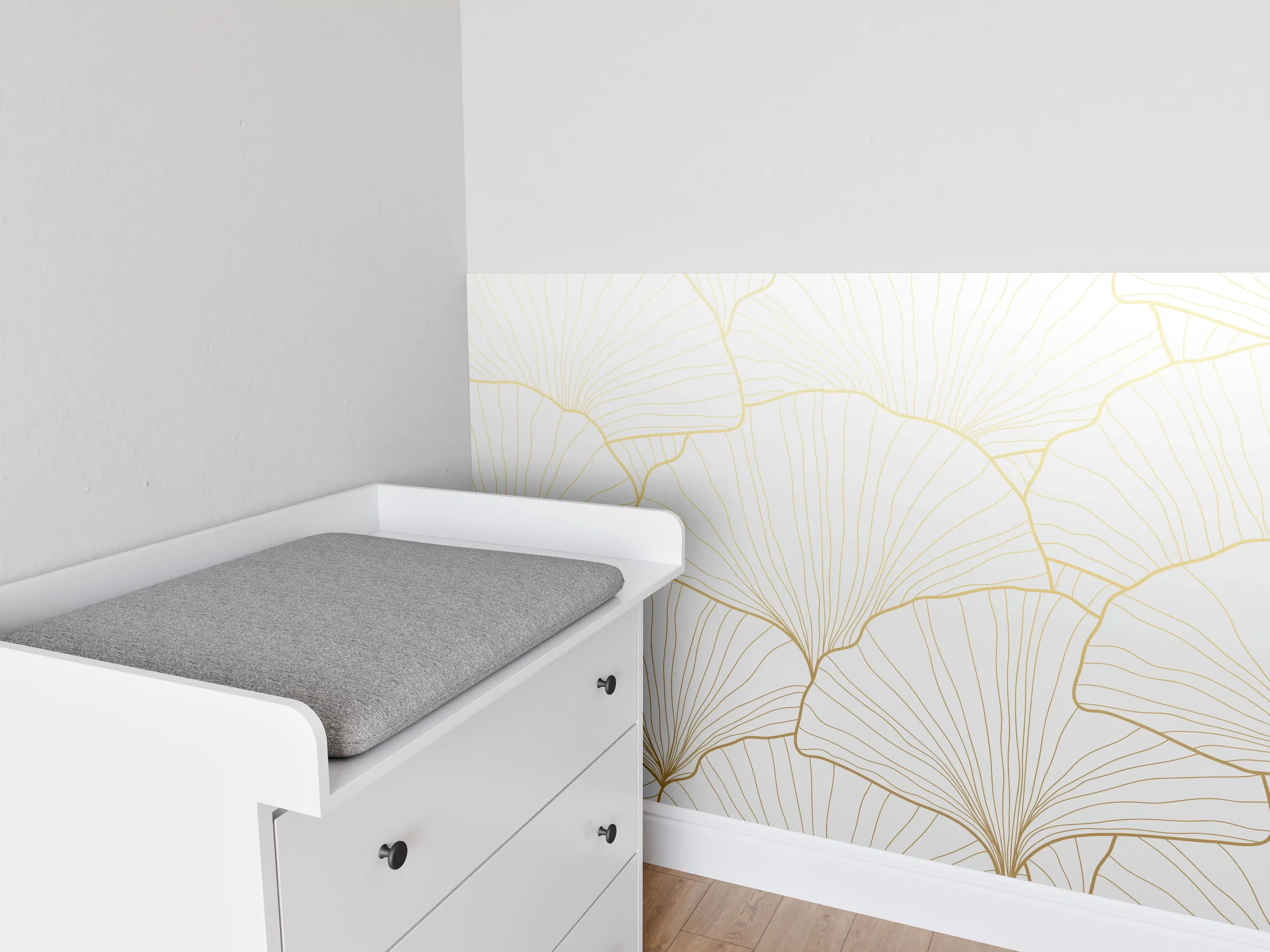 Babyzimmer Wandgestaltung - Elegantes Ginkgo-Blatt Design Weiß-Gold