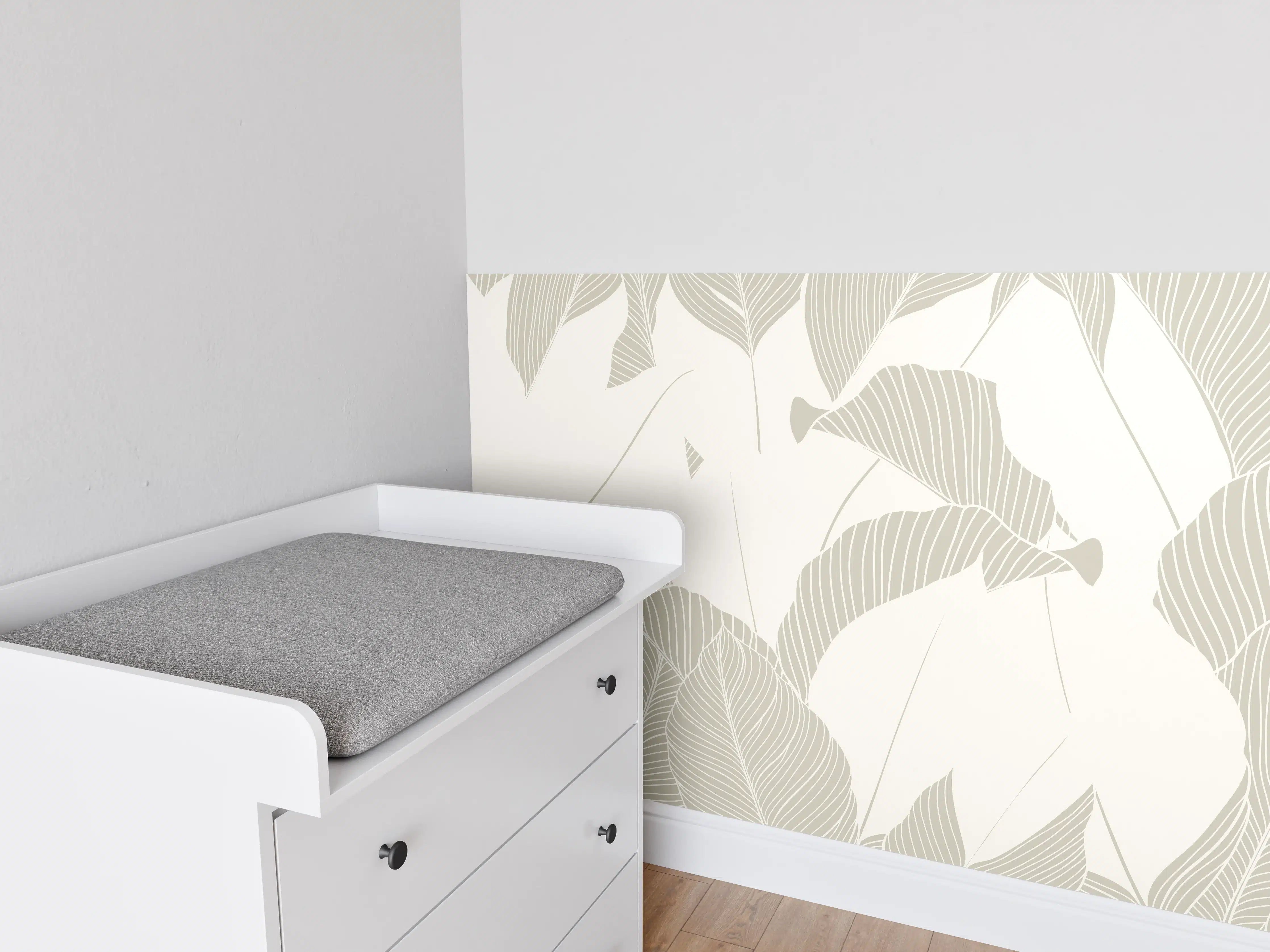 Babyzimmer Wandgestaltung - Elegantes Grau-Weiß Blattmuster