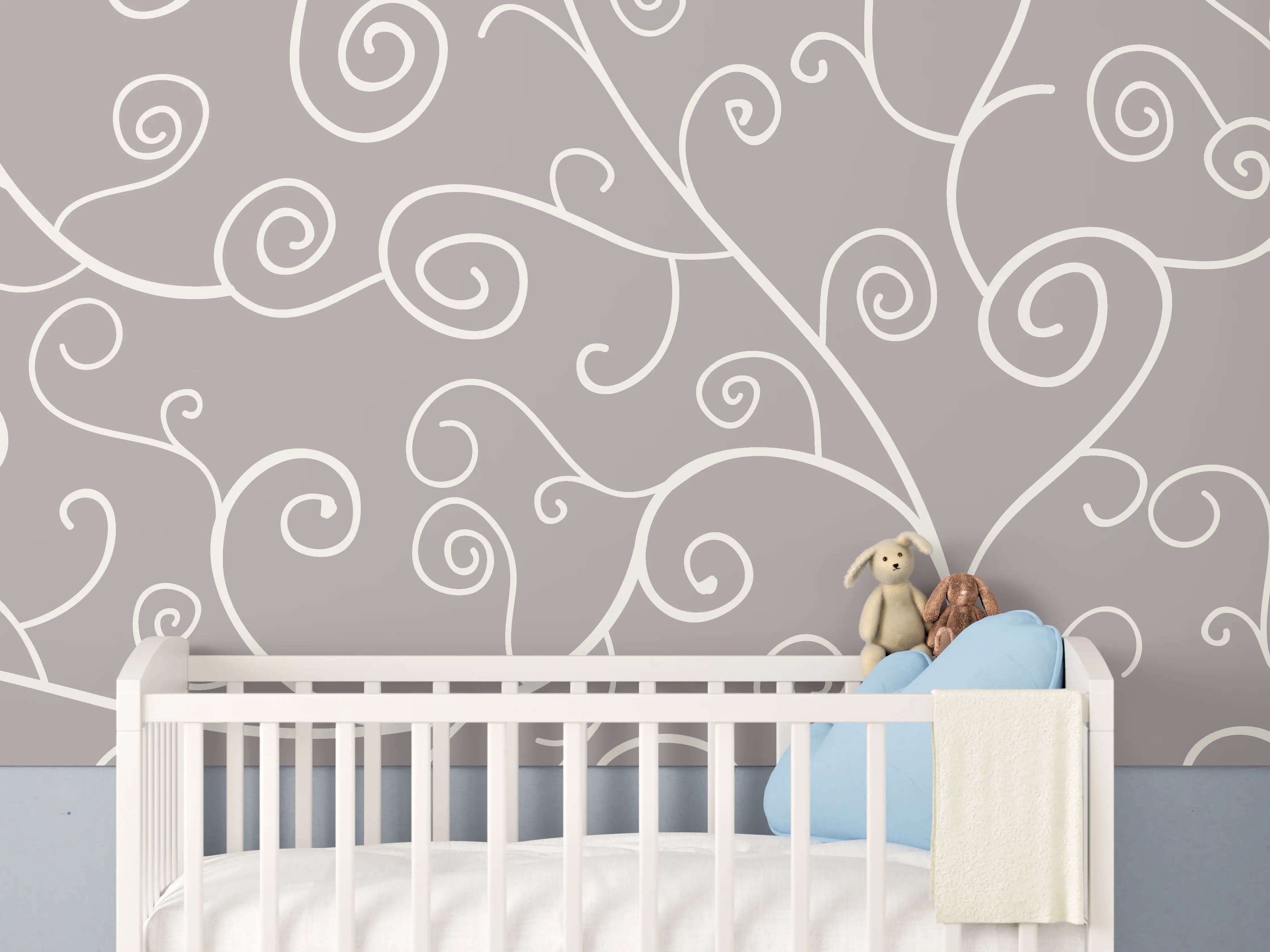 Babyzimmer Wandgestaltung - Elegantes Grau-Weiß Swirl Muster