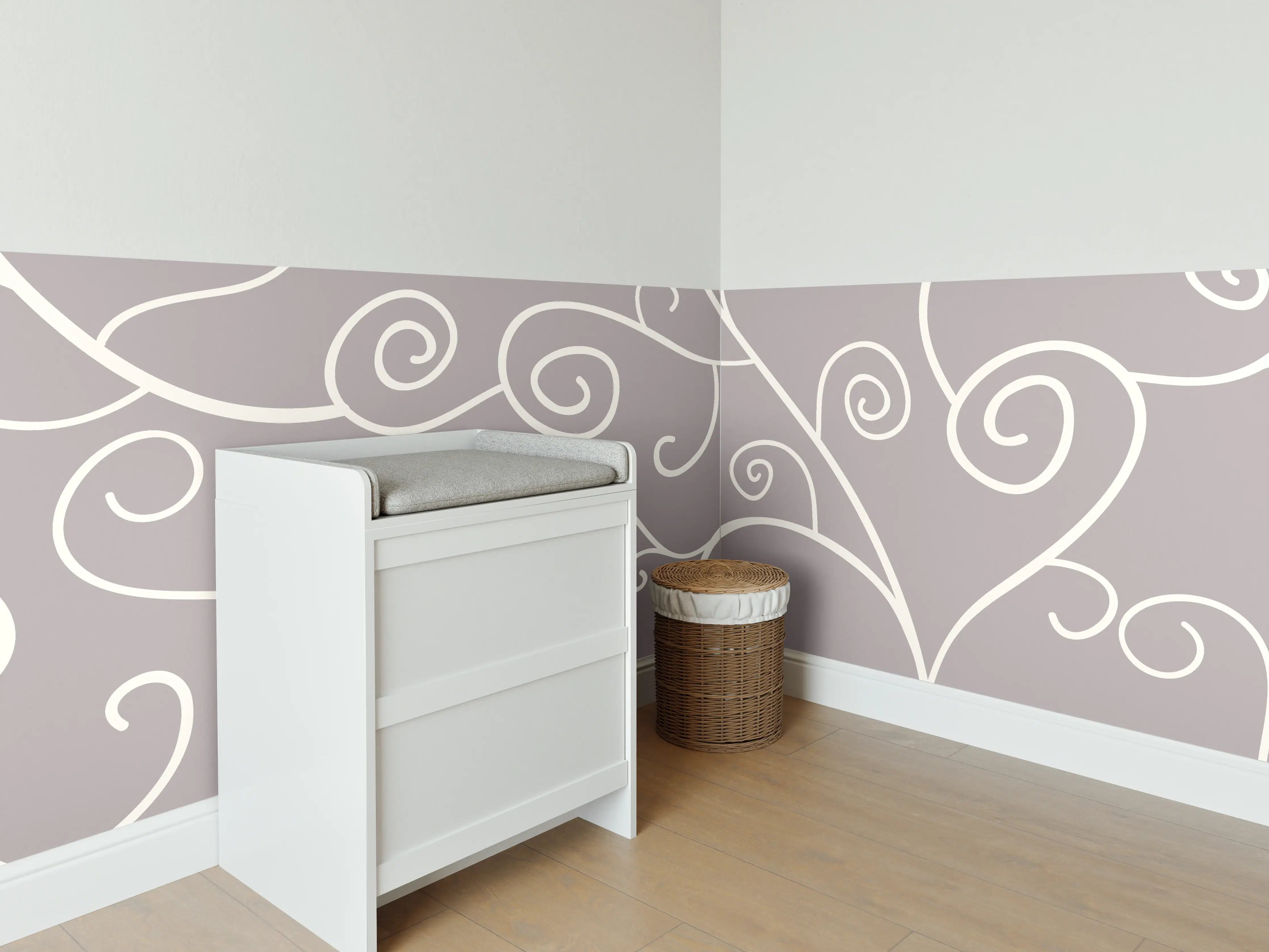 Babyzimmer Wandgestaltung - Elegantes Grau-Weiß Swirl Muster