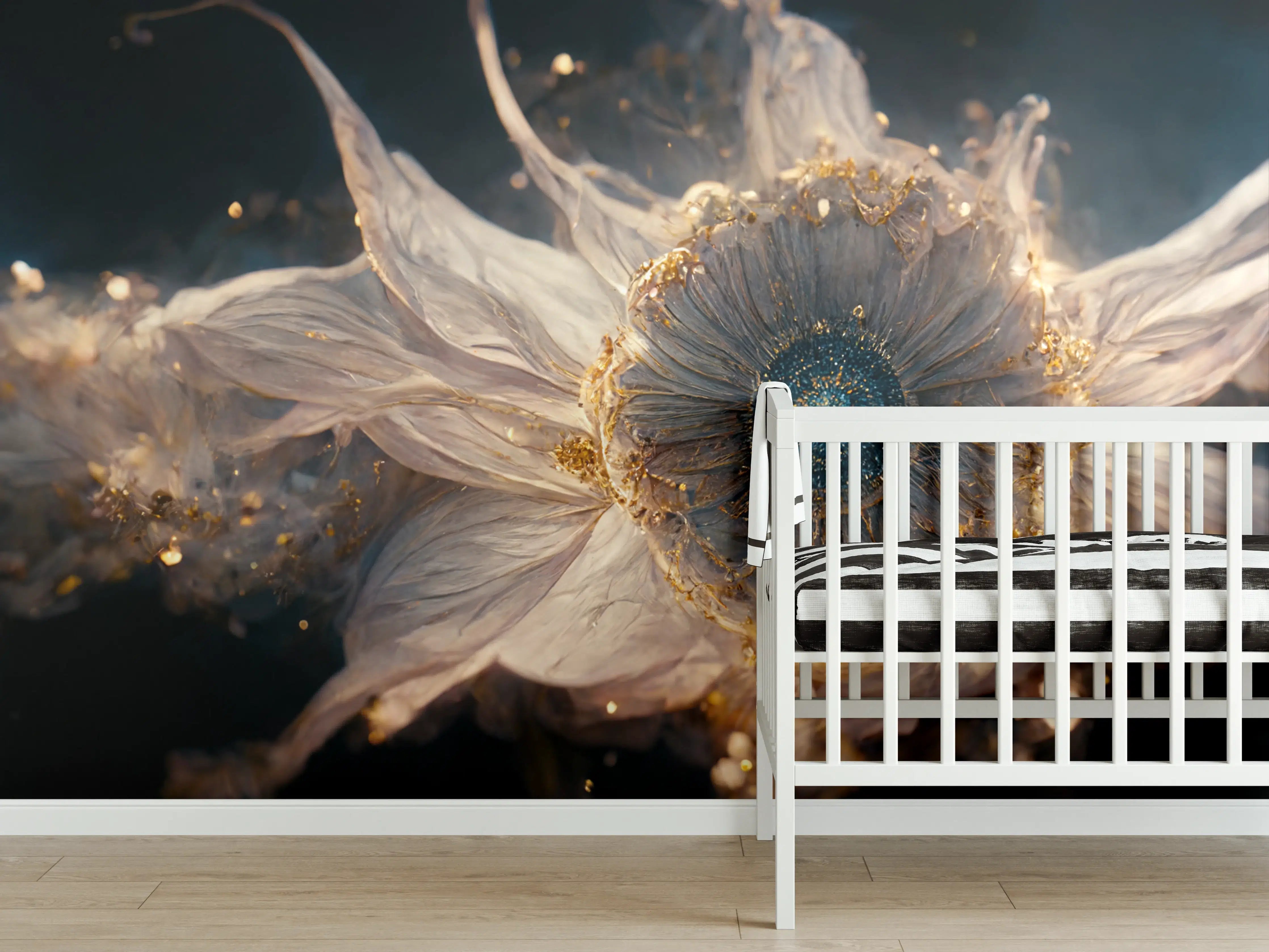 Babyzimmer Wandgestaltung - Elegantes, feminines Wasserblumen-Motiv in gold-weiß