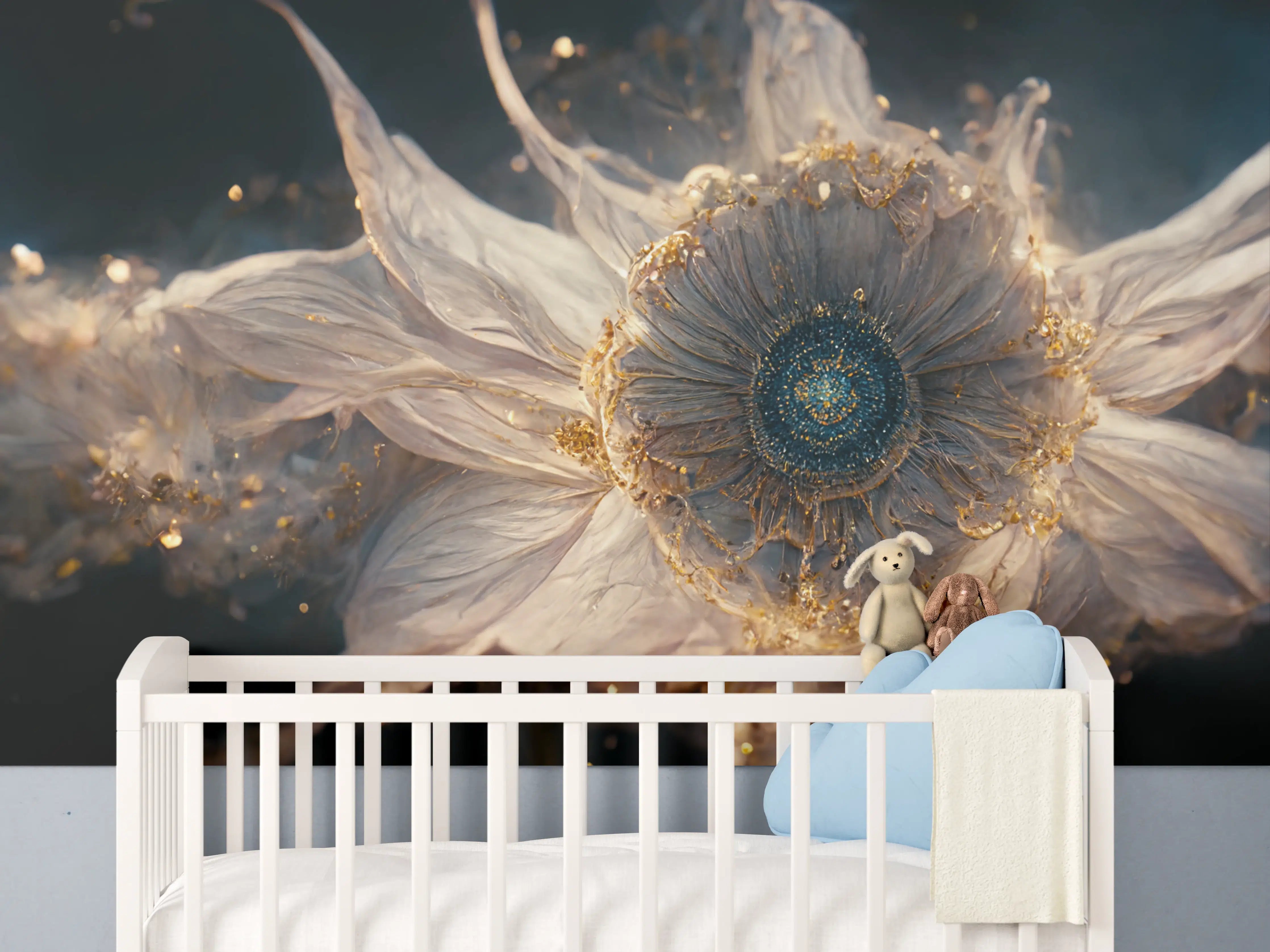 Babyzimmer Wandgestaltung - Elegantes, feminines Wasserblumen-Motiv in gold-weiß