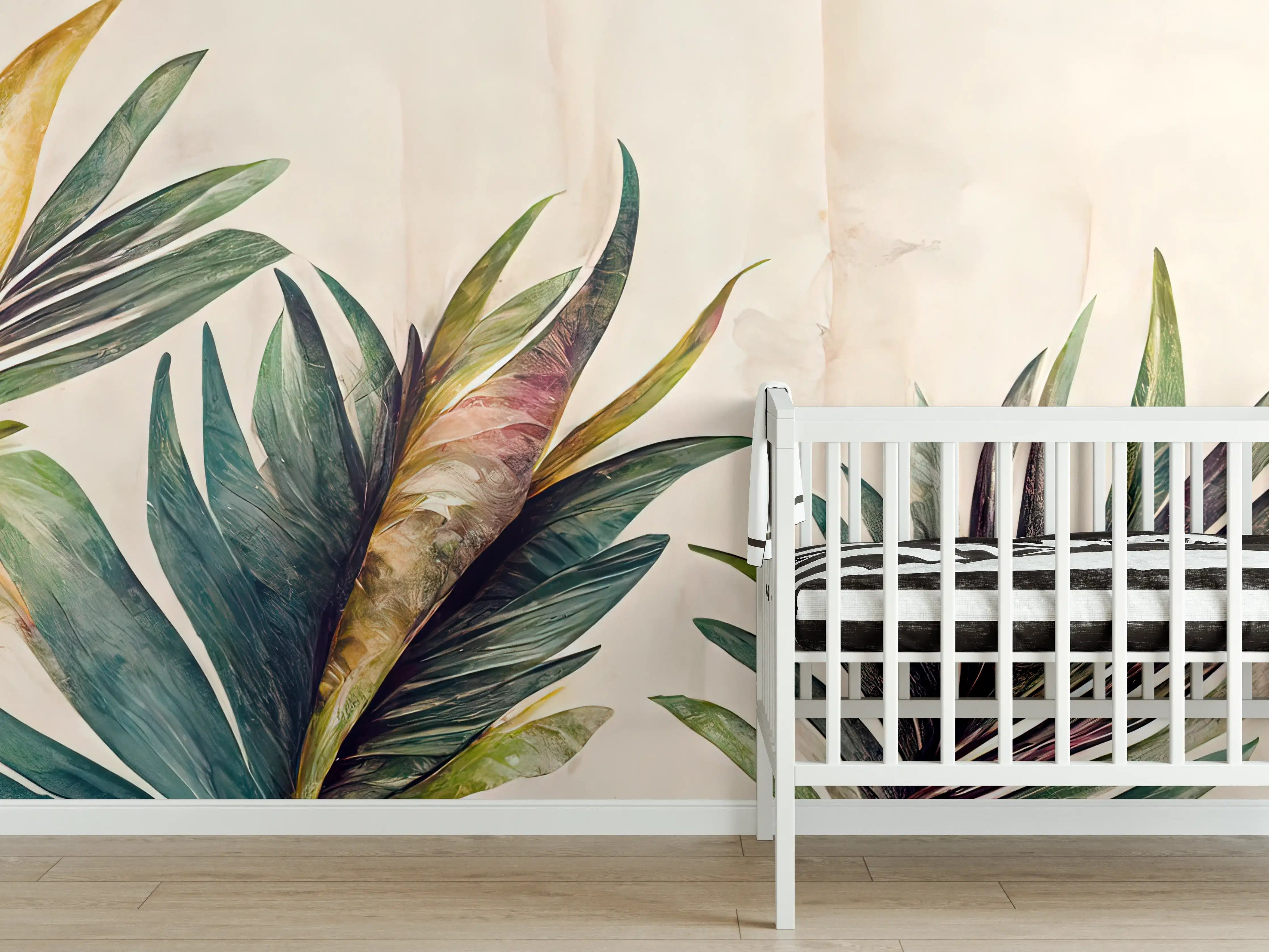 Babyzimmer Wandgestaltung - Exotische Grüne Blätter und Farbakzente