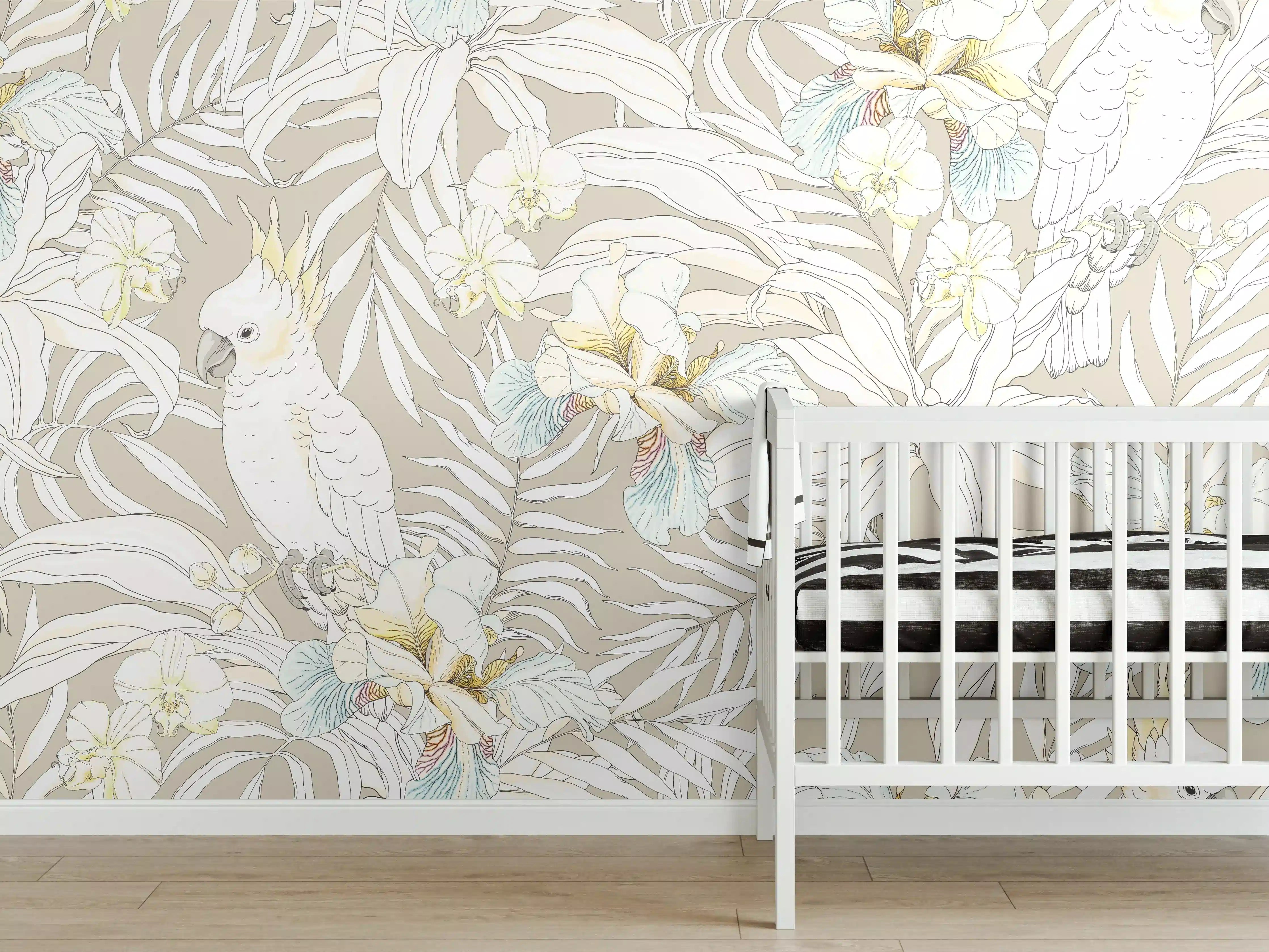 Babyzimmer Wandgestaltung - Exotische Kakadu-Blumen-Musterung