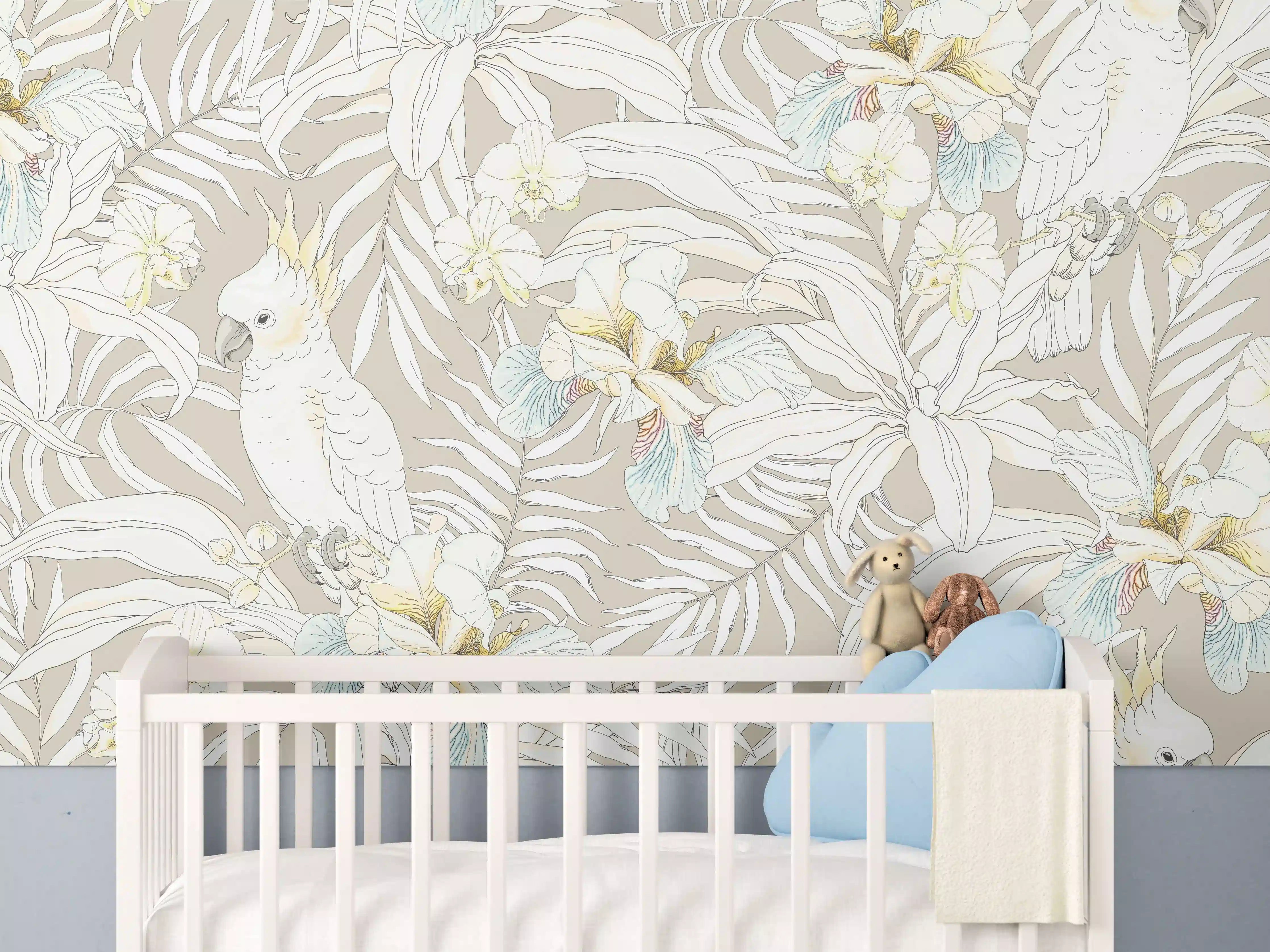 Babyzimmer Wandgestaltung - Exotische Kakadu-Blumen-Musterung