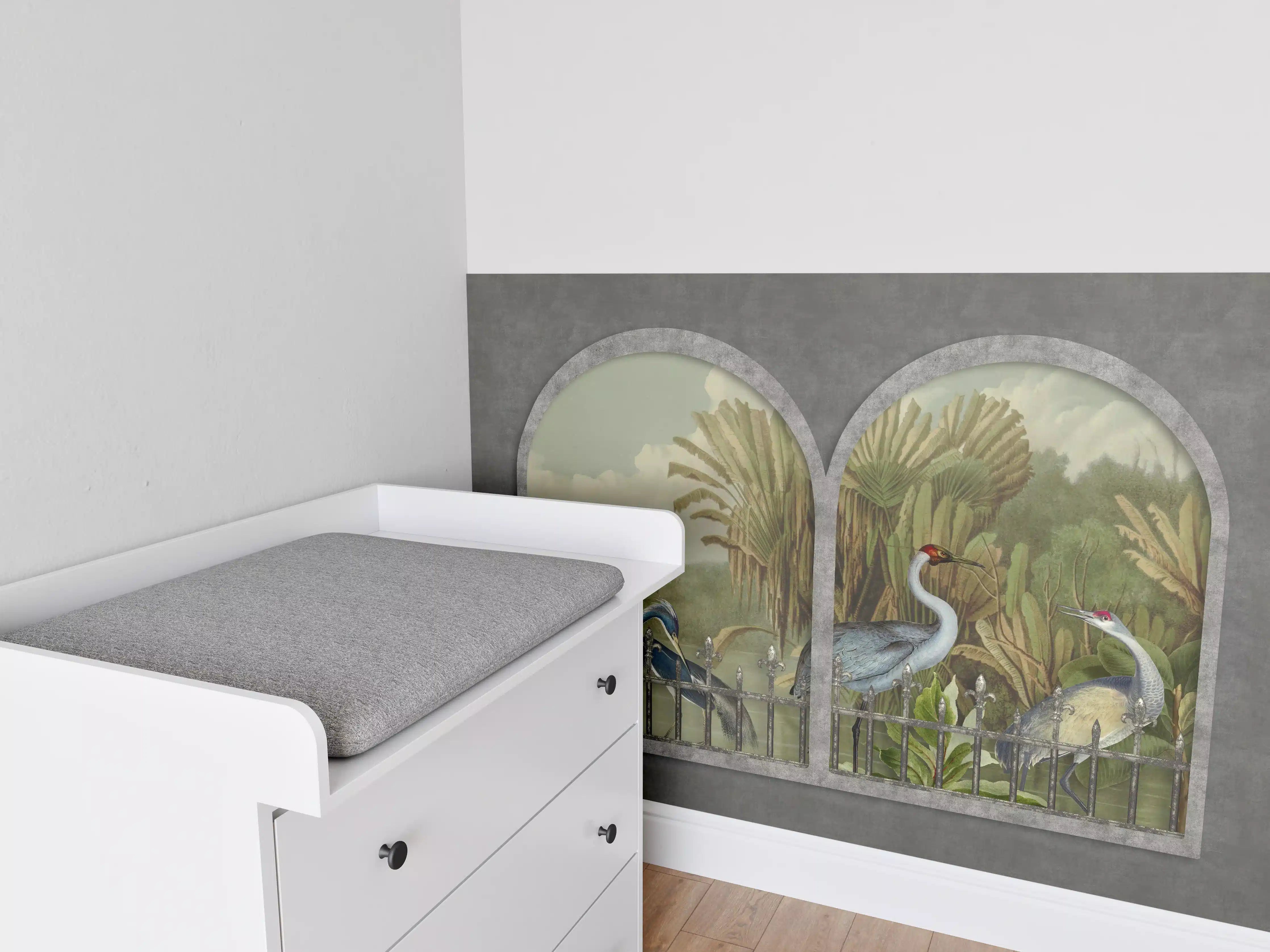 Babyzimmer Wandgestaltung - Exotische Kraniche Naturpanorama