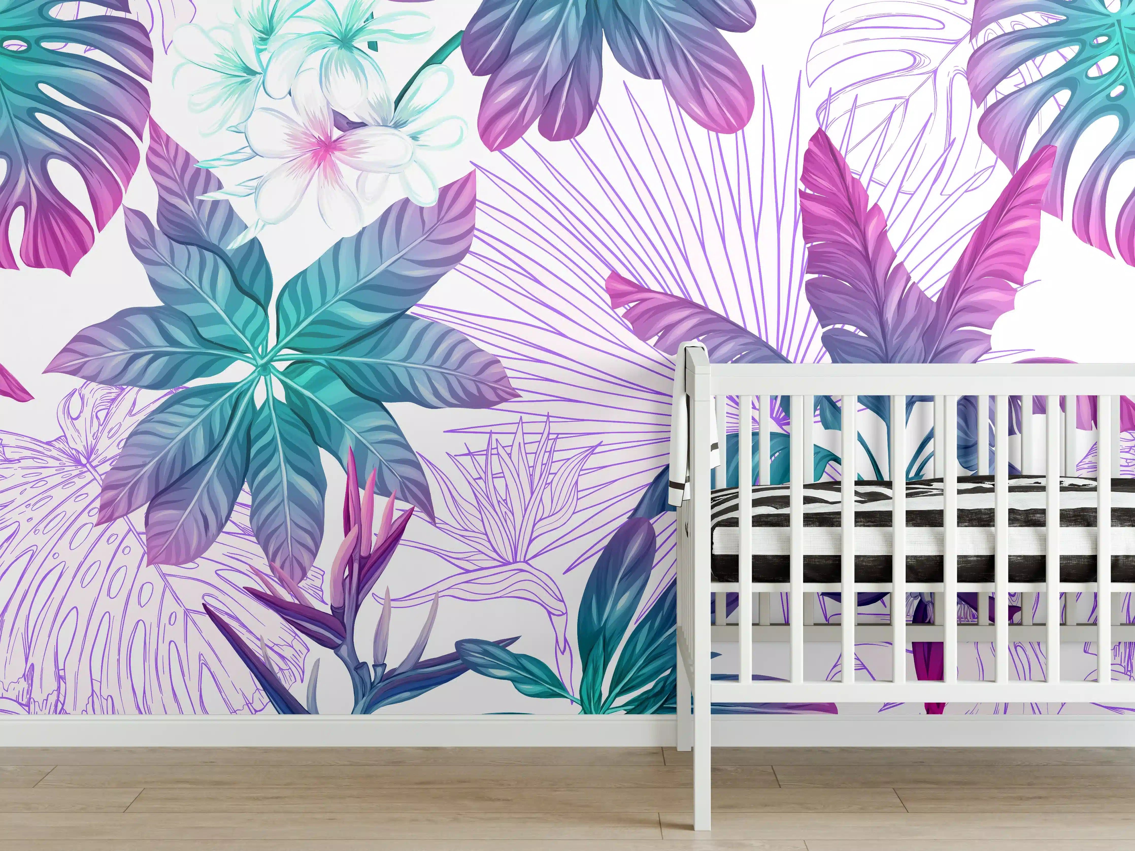 Babyzimmer Wandgestaltung - Exotische Pflanzenmuster Lila-Blau