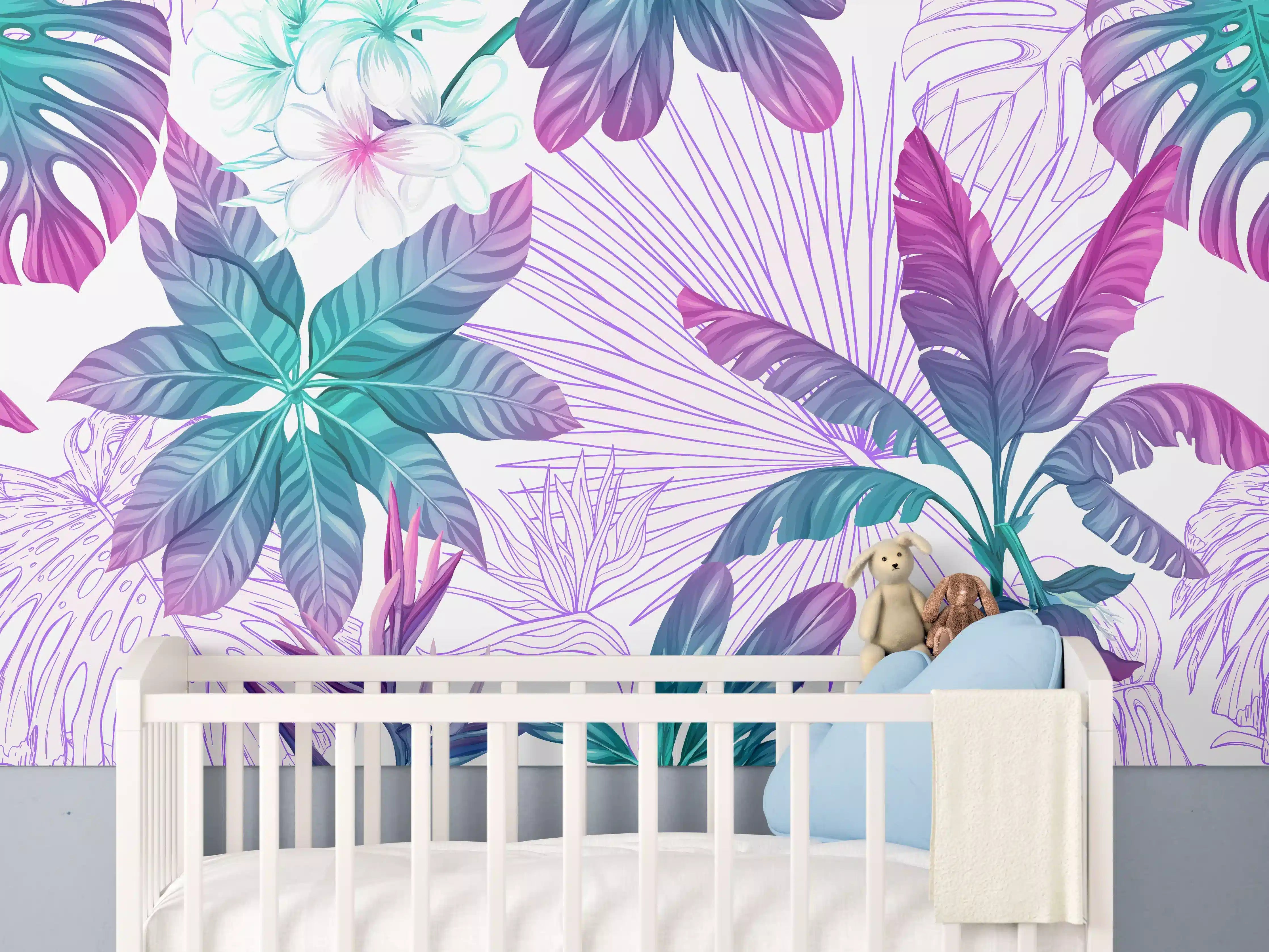 Babyzimmer Wandgestaltung - Exotische Pflanzenmuster Lila-Blau
