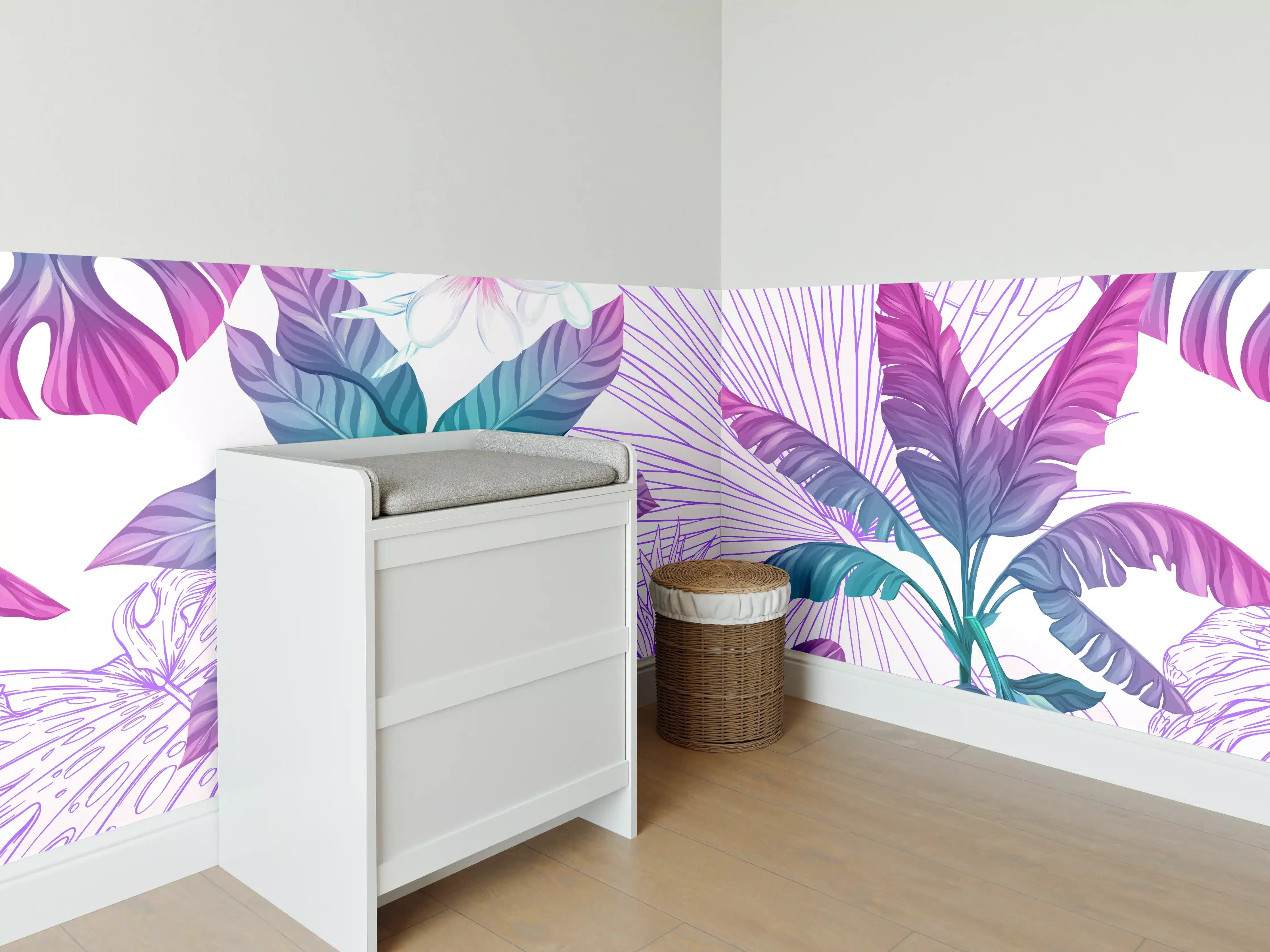 Babyzimmer Wandgestaltung - Exotische Pflanzenmuster Lila-Blau